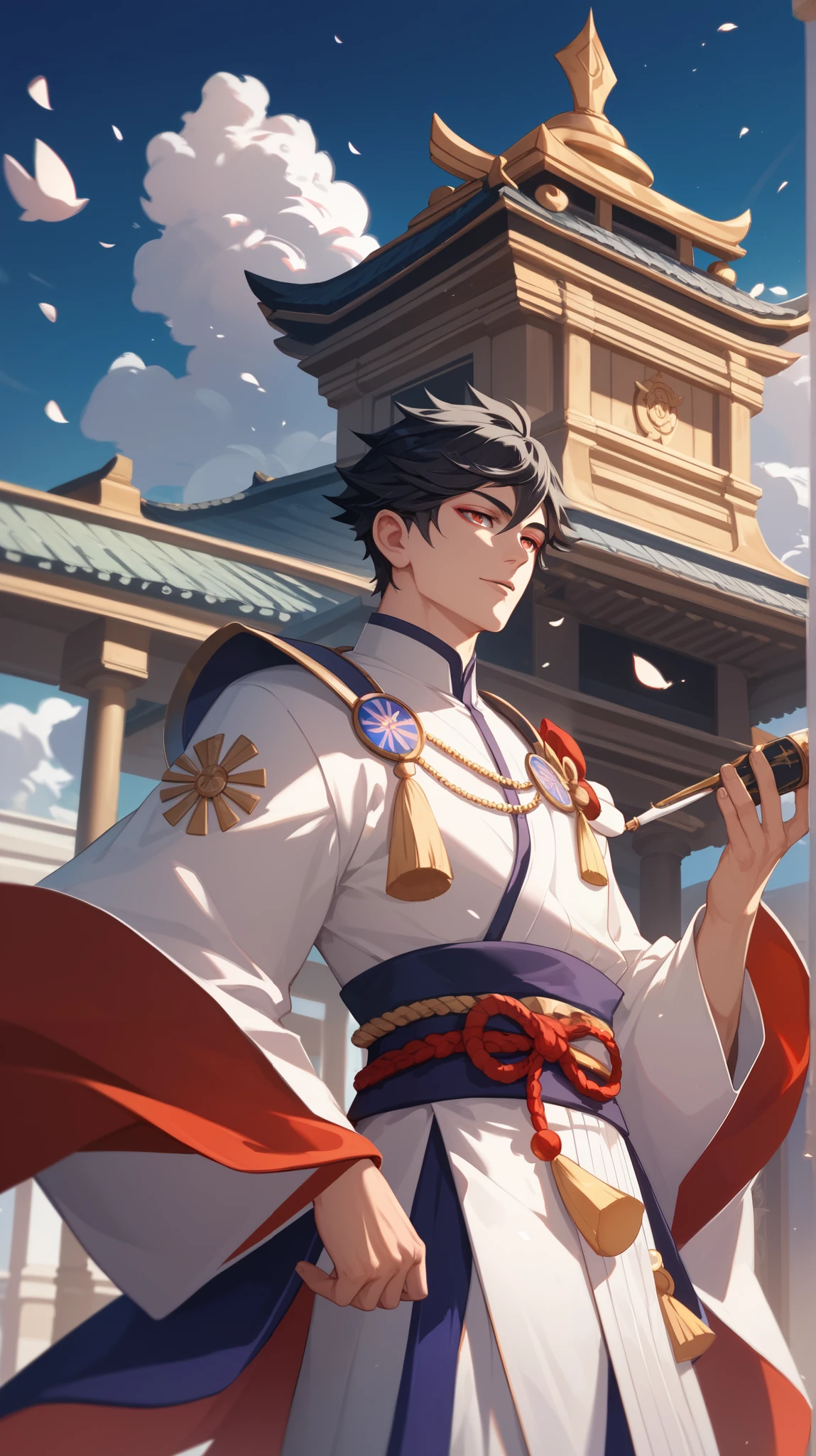 (best quality), (very aesthetic), (ultra-detailed), (best illustration), (((Short))), ((( body shape))),  , Boy, one man, Onmyoji, black hair, A noble priest radiating divine light and wearing white Lavish priestly robes standing in a sacred temple