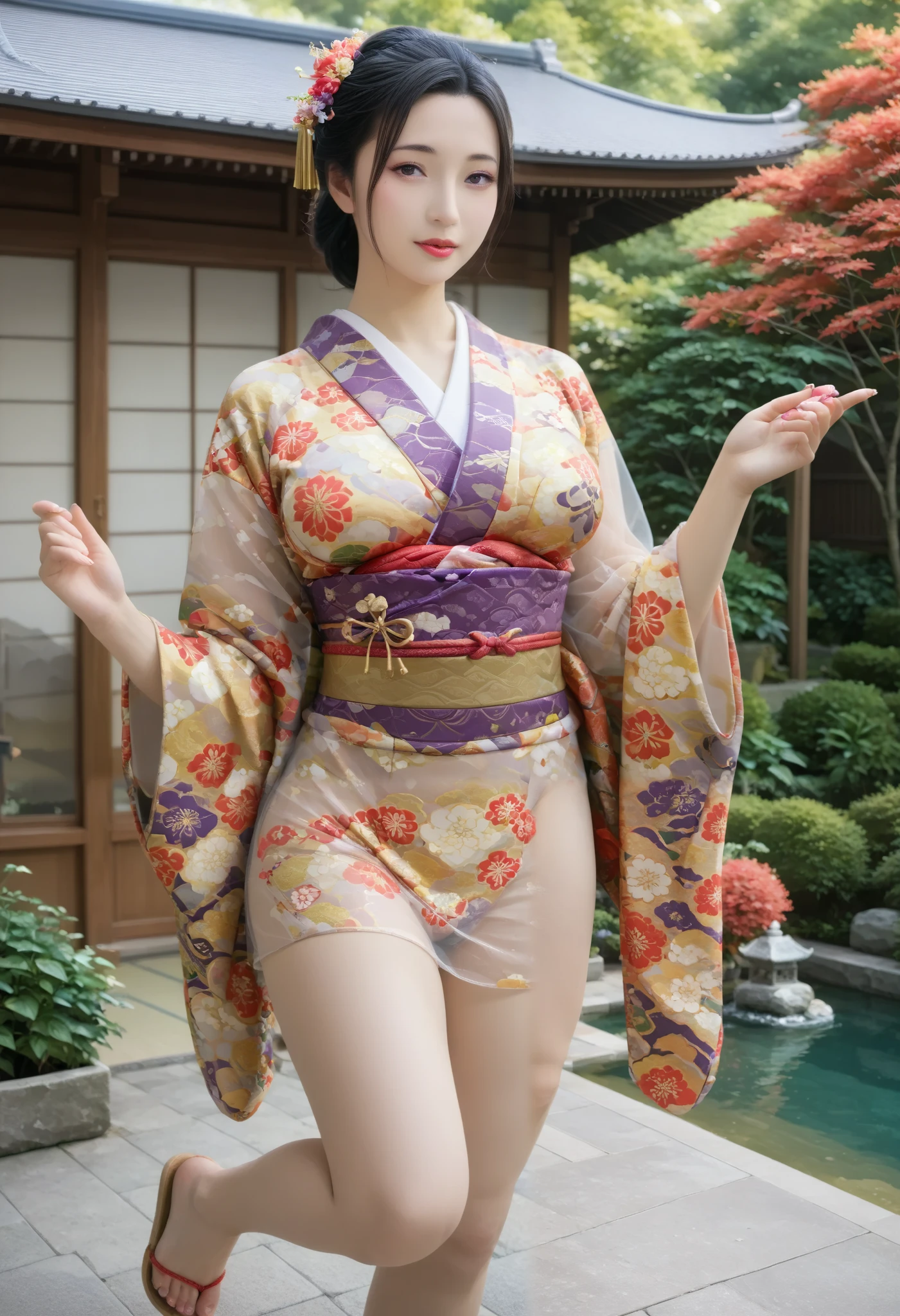 BEST QUALITY 、 high quality 、 highest resolution、 high resolution、8K quality、 high definition 、 Best Quality、 Masterpiece 、 movie-like images、 Immersive Footage 、 Very realistic looking image 、 realistic image 、 perfect detail 、 high contrast 、High fidelity、 Perfect photo、Close to reality、 Images reproduced in detail down to the smallest detail、Detailed and realistic human body、Detailed and realistic human skin、 Detailed and realistic face、Detailed and realistic eyes、 Realistic lips drawn in detail 、 detailed and realistic teeth、Realistic ears、 Realistic hair 、(( Japanese model))、(( adult woman))、((Mature Woman))、(( beautiful face))、(( black hair))、((Big Breasts))、(( slim, perfectly mature body ))、((Full body glossy skin))、(( Japanese Garden))、(( I can see through my skin.Wear a kimono with a floral pattern ))、(( I can see through my skin. wear a see-through kimono ))、(( I can see through my skin. wear a transparent vinyl kimono ))、(( wear a kimono on top of the naked ))、(( lie in a traditional Japanese garden))、((( raise one leg. sexy pose)))、(( subject close-up))