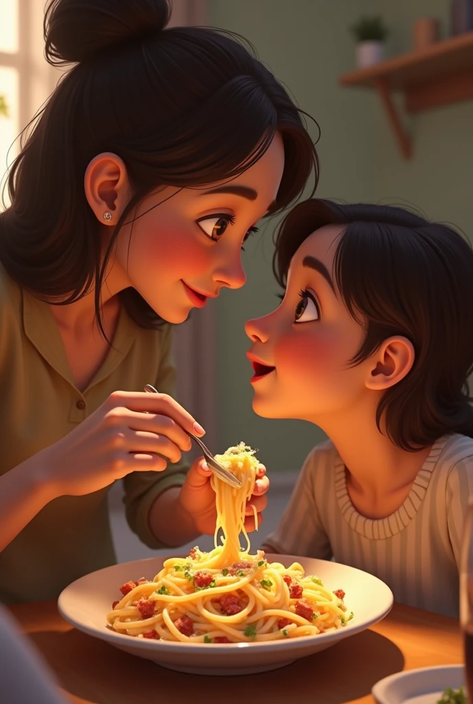 The dancer tells a story to her son at the table eating