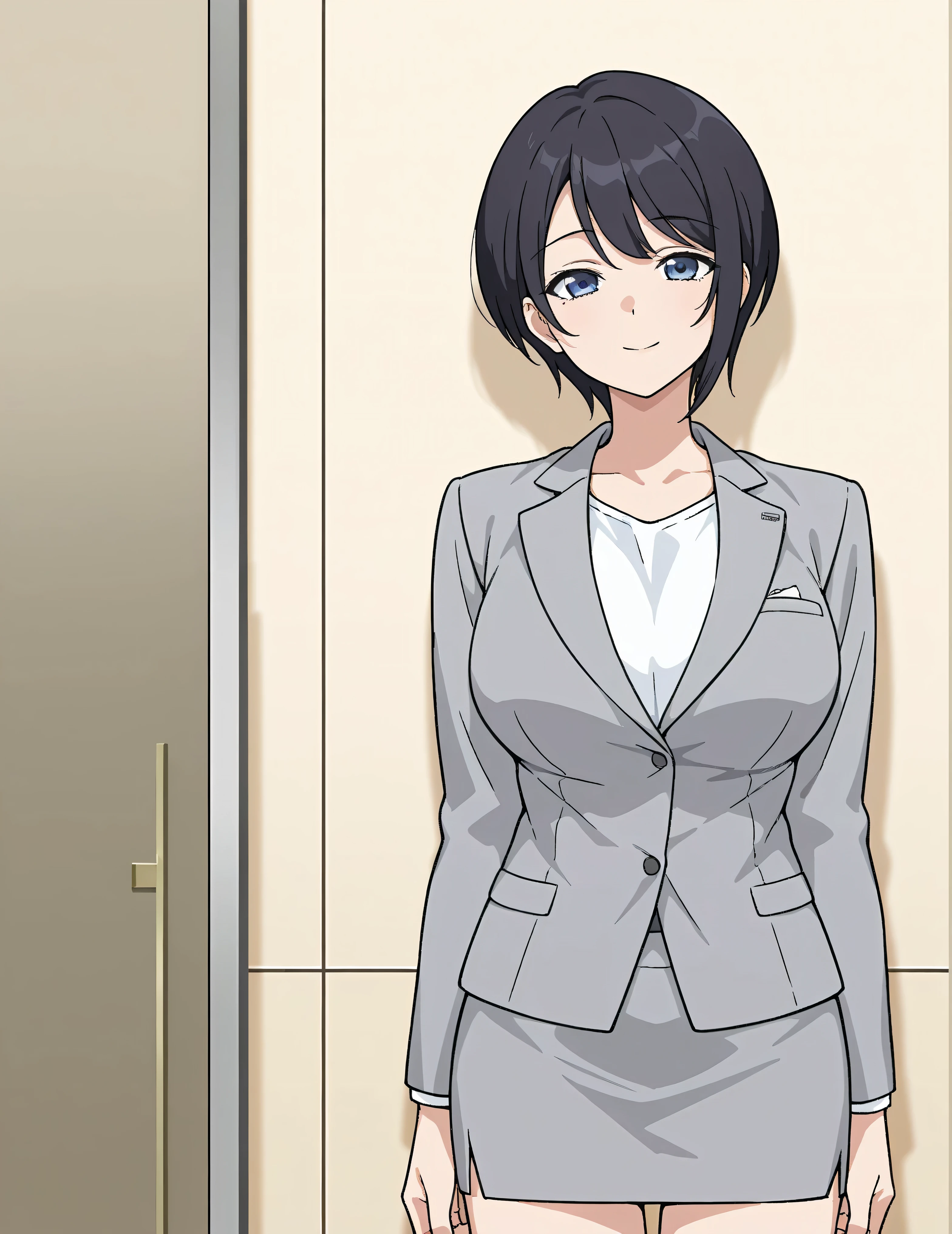  score_9,  score_8_ up the side,  score_7_ up the side,  source_Anime,( top quality:1.1), ultra detail, high resolution,Highly detailed skin, beautiful detailed eyes,8k, sharp concentration, beautiful, beautiful eyes,  anatomically correct ,  anatomically correct  face, extremely detailed eyes , smooth edge , beautiful face, symmetrical eyes, symmetrical face at school, American Muzzle ,  1 girl, Alone,  short hair,  is staring at the viewer, smile, bangs,  blue eyes,  skirt, Hotel Lobby ,  shirt,   black hair,   Long Sleeve  ,   jewelry,  Closed Mouth,  standing,  jacket , cowboy shot, white  shirt,  short hair, mini skirt, formal,  suit,  grey  skirt, pencil  skirt, grey  jacket , OL,  skirt  suit,  big breasts, Chest , clavicle,  メイク up the side,