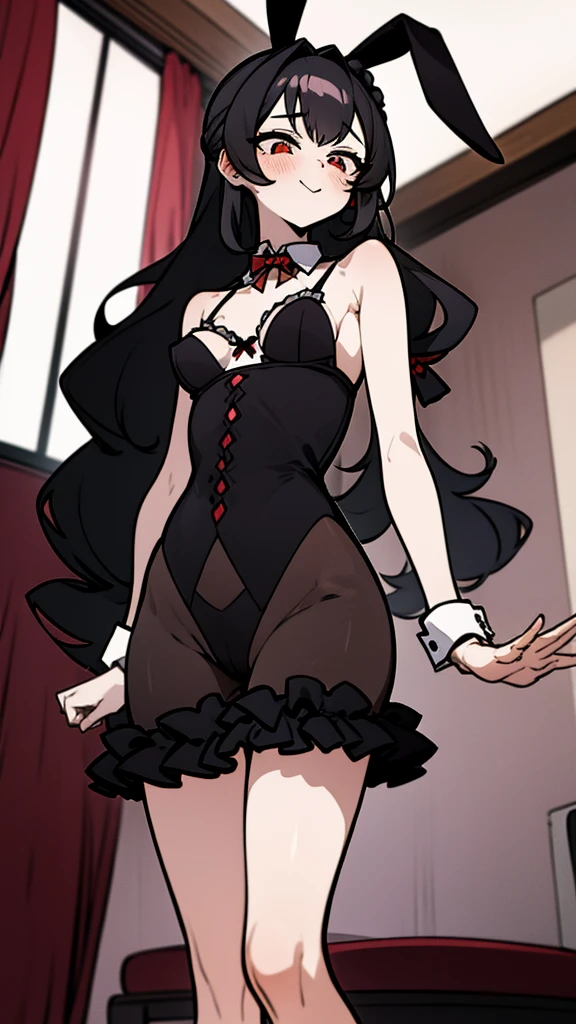 using pantimedies, wavy black hair, piercing look with deep red eyes, average stature, Silky hair with a ponytail hairstyle collected with a red bow with two white lines, with clothes, has a vagina, has breasts, cup of breasts, small breasts, slim, foreground, Session, sitting in her room, standing in his room, wearing pantyhose, using pantimedies, Picardias, short skirt, shoes, blouse with straps, blush, opening her legs making her panties visible, open legs, perfect white panty, Skirt fluttering in the wind, grabbing the skirt with both hands