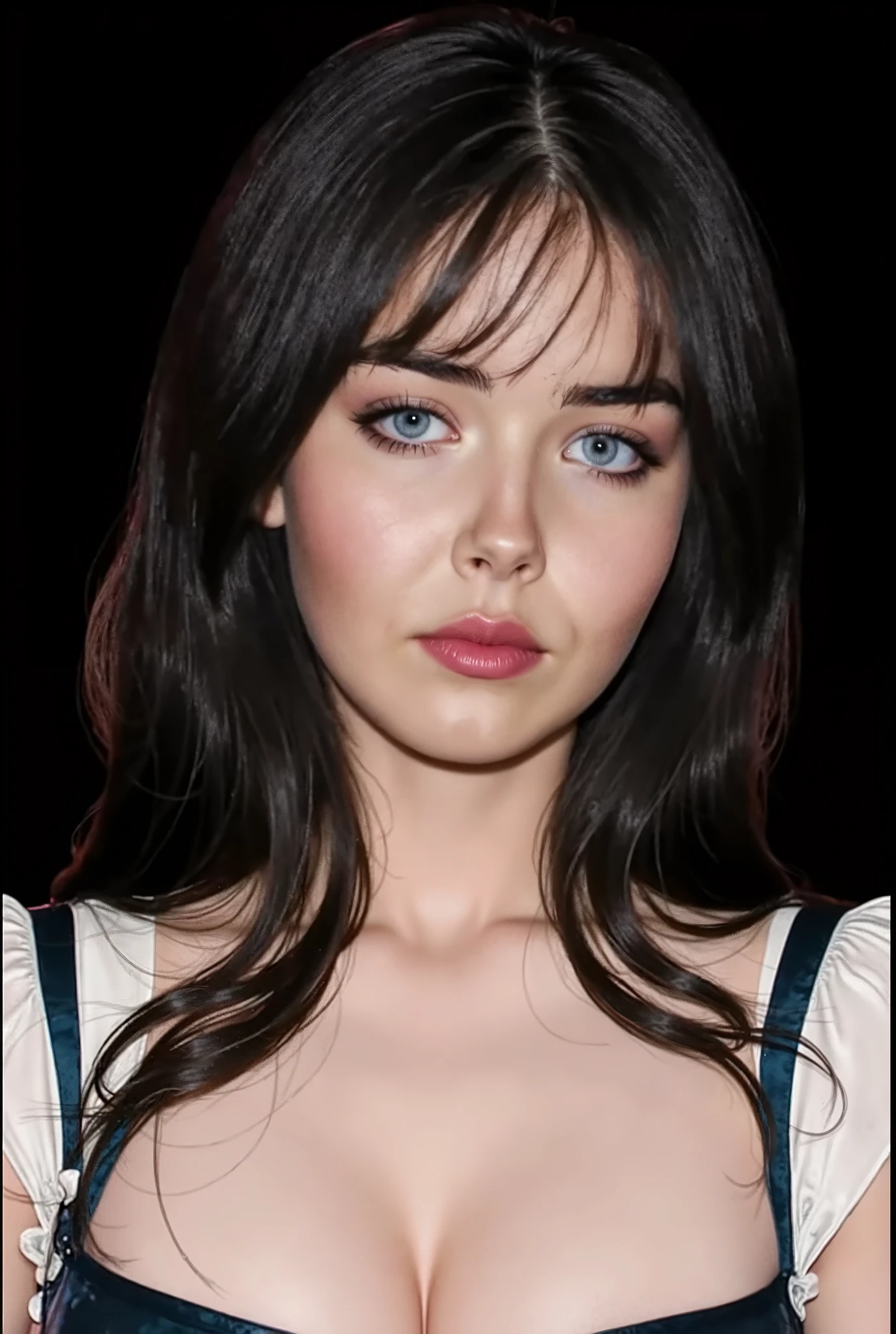 Foto RAW, Una foto de Elizabeth Gillies con una mirada molesta en su rostro, con un vestido de noche negro, labios fruncidos , corte de pelo largo, Pale skin, cuerpo delgado,  (Piel alta y detallada:1.2), 8k UHD, DSLR, Soft lighting, alta calidad, Film grain, Fujifilm XT3