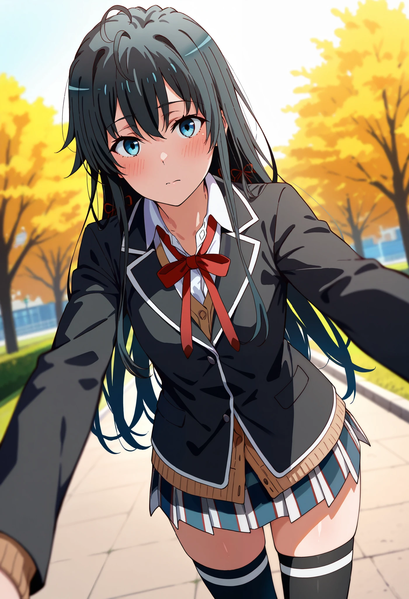 masterpiece, best quality, 1girl, yukinoshita yukino, black hair hair, hair long, blue eyes,, sobu high school uniform,black jacket,skirt,black thighhighs,brown cardigan, handgrabpov, blush,, looking at viewer, solo, outdoors
