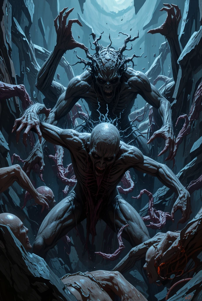  ((best quality)), ((masterpiece)), (detailed), monstrous, Beautiful, Best quality, perfect lighting, NSFW, monster smile with crooked fangs, Very skinny, disproportionately long arms, head of a rabbit, scruffy dirty fur, diseased, A sinister aura, something, chained, deity, cultist clothing, cosmic horror, full body 