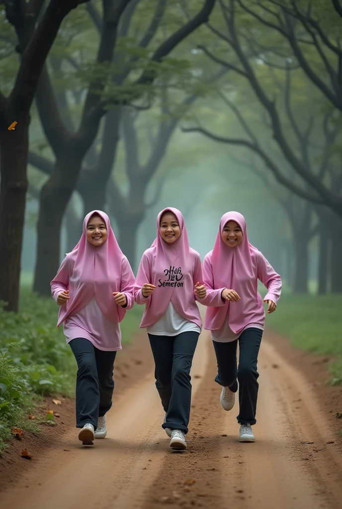 create me a picture of a handsome 4 Melaka man in track pants jogging accompanied by four beautiful Malay women wearing Hijabista veils aged between 30 and 40 years old