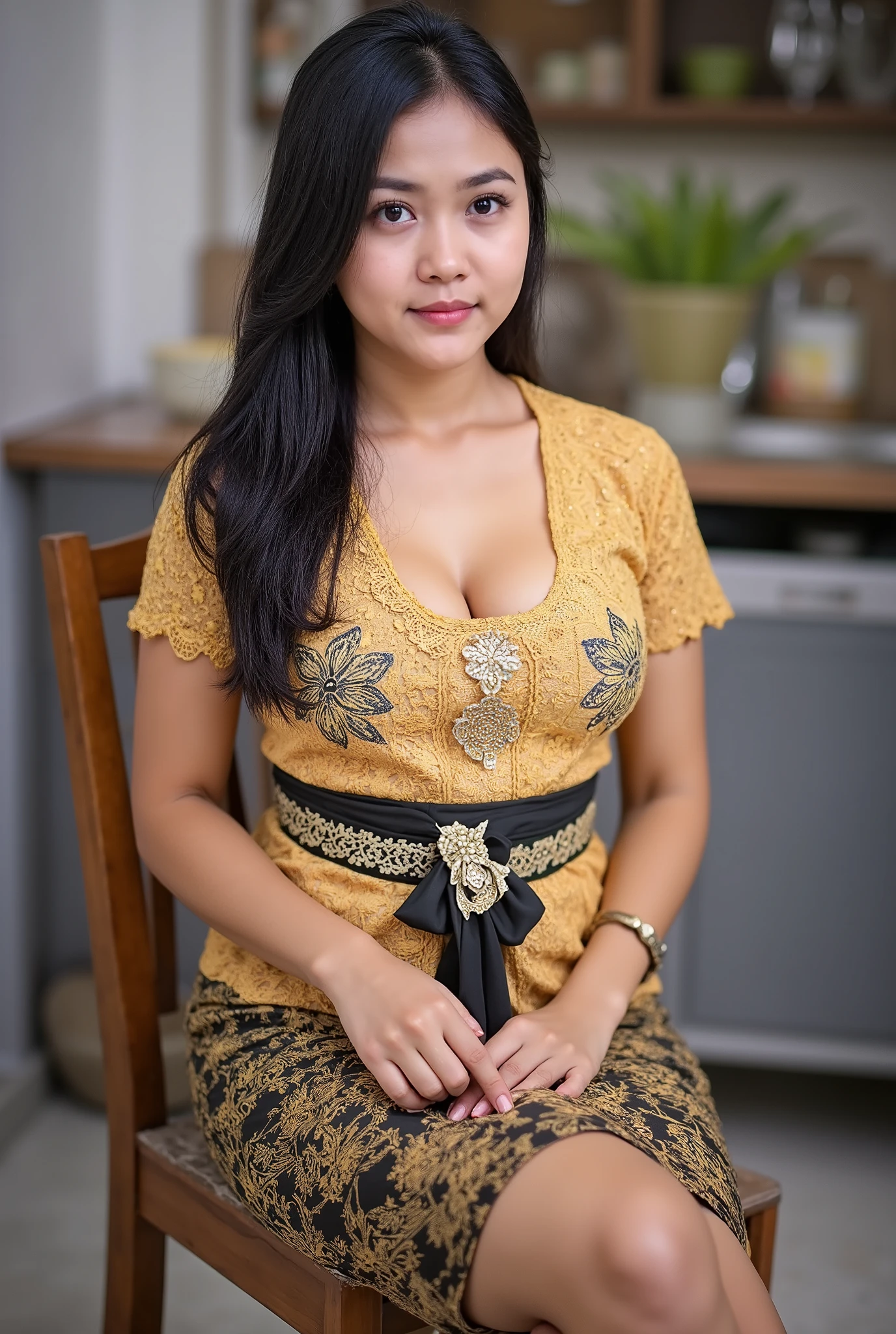 Indonesian girl feeling horny, kitchen, sitting on wooden chair, open legs, shows pussy, wet vagina, hairy vagina, body photo, brown skin, tanned skin, sexy kebaya tops, no skirt, no underwear, huge breast, busty body, ((Bali batik: 1.4)) (big breast : 1.8), ((naughty pose)), very long black hair, ((tight dress)), sexy body, squeezing breast