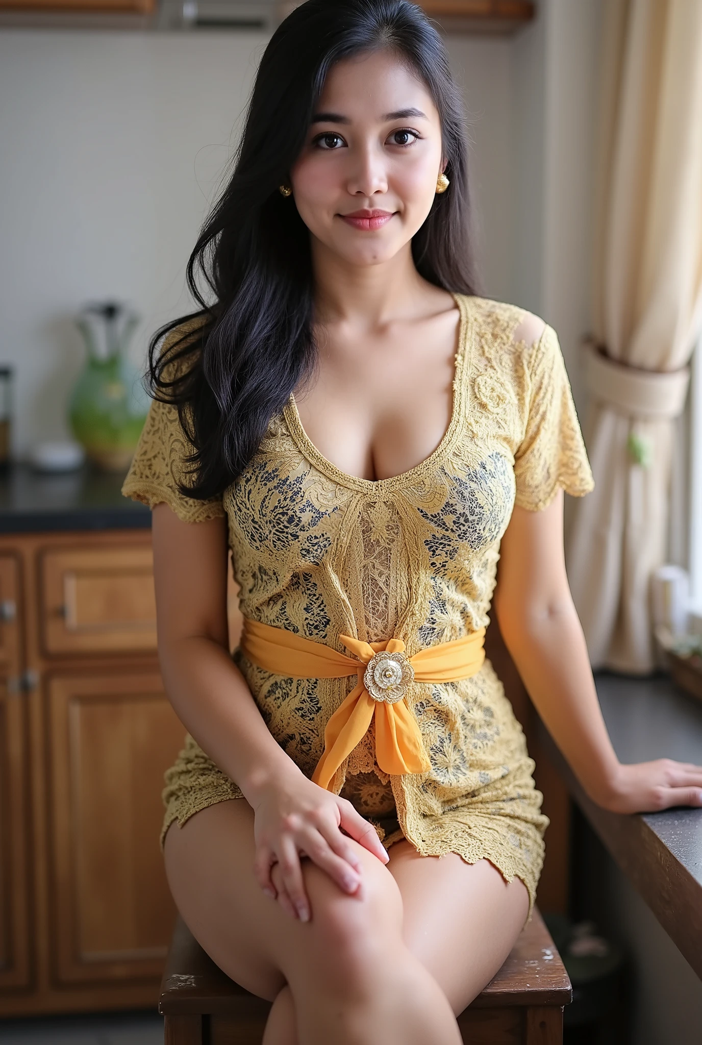 Indonesian girl feeling horny, kitchen, sitting on wooden chair, open legs, shows pussy, wet vagina, hairy vagina, body photo, brown skin, tanned skin, sexy kebaya tops, no skirt, no underwear, huge breast, busty body, ((Bali batik: 1.4)) (big breast : 1.8), ((naughty pose)), very long black hair, ((tight dress)), sexy body, squeezing breast
