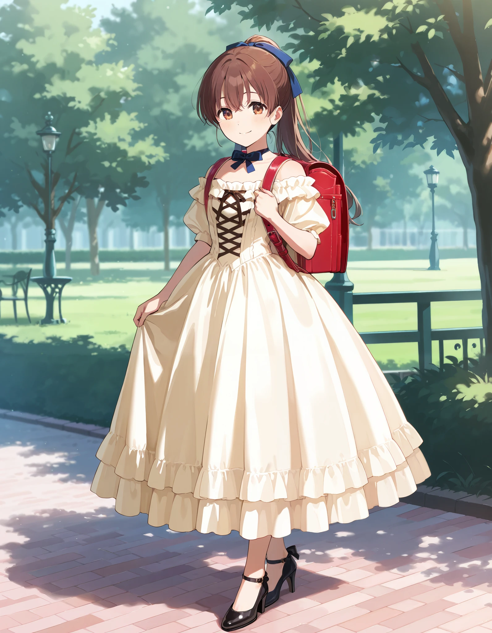 Masterpiece, hd, 1girl, cute girl, brown hair, smile, ponytail, hair ribbon, wearing cute dress, frilled dress,party dress, victorian dress, luxury dress,party costume, colorful dress, bare shoulder, bowtie, standing, outdoor, park, smile, wearing randoseru backpack, red backpack, wearing high heels, fullbody, walking