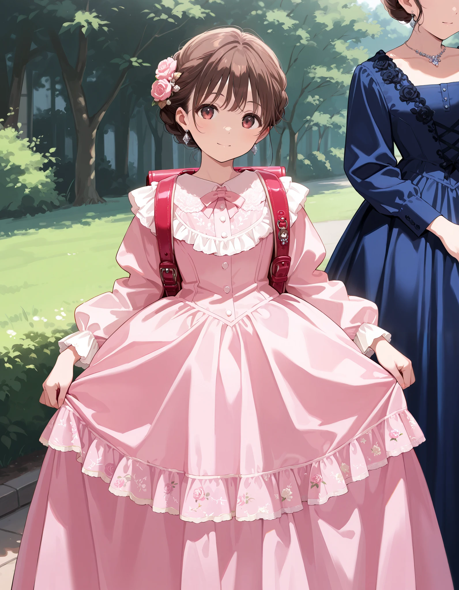 Masterpiece, hd, best quality, there is a girl standing in a blue dress, wearing pink floral dress, victorian dress, luxury dress, beautiful pink , brown hair, wearing a pink dress, dressed in a pink dress,  girl, Traditional Attire, bowtie, necklace, diamond earrings, in a fancy dress, frilly outfit, wearing beautiful clothes, wearing floral gown, cute young girl, dressed in a beautiful, wearing randoseru backpack, red backpack, backpack ornaments, keychain, standing, outdoor
