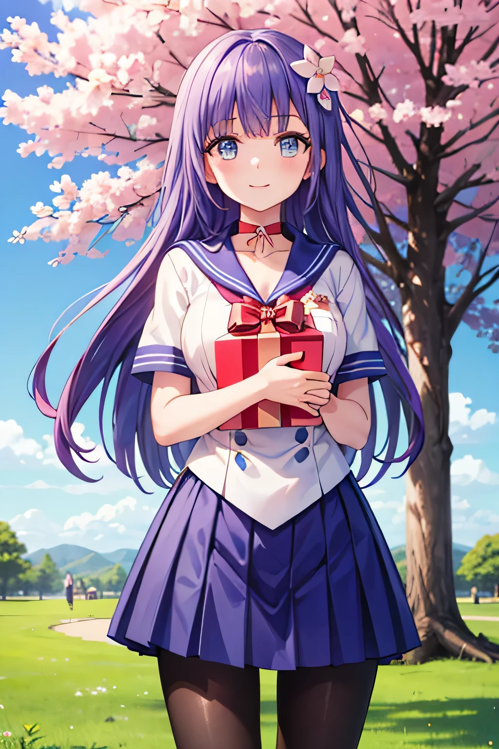 A stunningly beautiful 20-year-old woman stands in a lush green park full of cherry blossoms in full bloom under a clear blue sky. She is wearing a classic sailor uniform and holds a neatly wrapped gift box with a red ribbon in both hands in front of her chest. The box is small, wrapped in decorative paper, and tied with a bow. She looks very happy, with a radiant and joyful expression. long hair, blue eyes, hair ornament, purple hair, pantyhose, choker, smile.