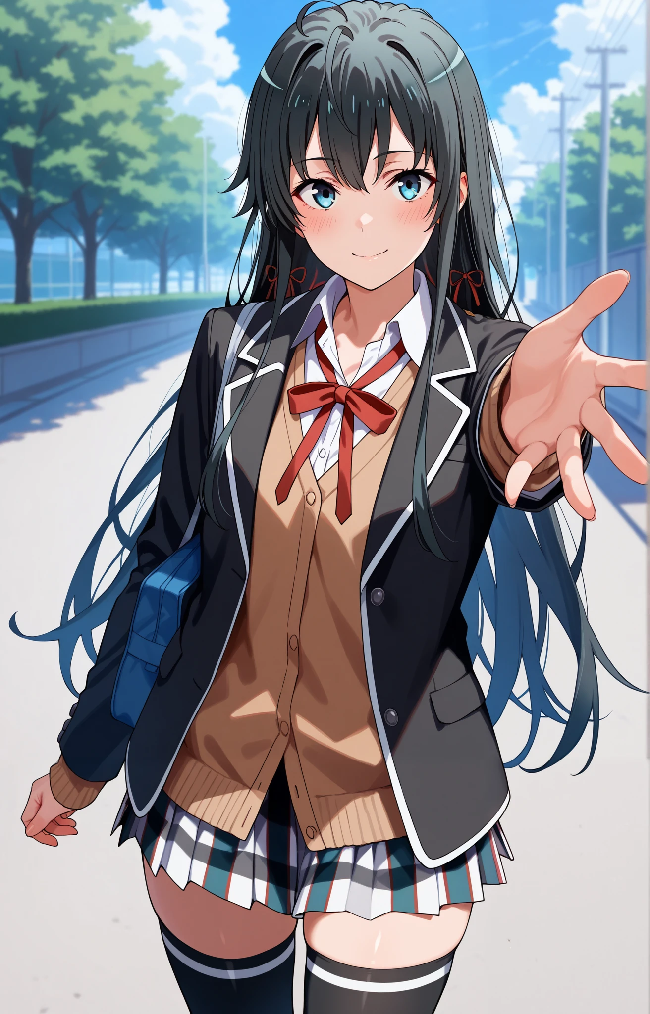 masterpiece, best quality, 1girl, yukinoshita yukino,badass, black hair hair, hair long, blue eyes,, sobu high school uniform,black jacket,skirt,black thighhighs,brown cardigan, , blush,, reaching at viewer, solo, outdoors , smile