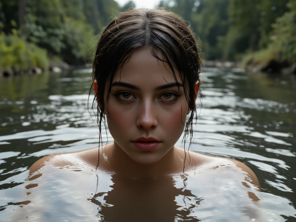 photo of the beautiful 20 year old woman in a lake, her shoulders and head out of the water, wet hair, wet body, big waterfall in background, brown hair, big blue eyes, long eyelashes, swimming, photorealistic , masterpiece, hyper realistic,