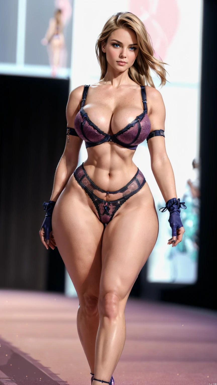 A MATURE WOMAN, HUGE FAKE , (BEAUTIFUL FACE), (RGB), (PURPLE BRA), (HIGH HEELS), (PERFECT BODY:1.2), (LONG LEG), (FULL BODY:1.3), FRONT, (STANDING:1), SEXY BODY, EXPOSE MUSCLE ABS, UHD, 8K, 1080P.