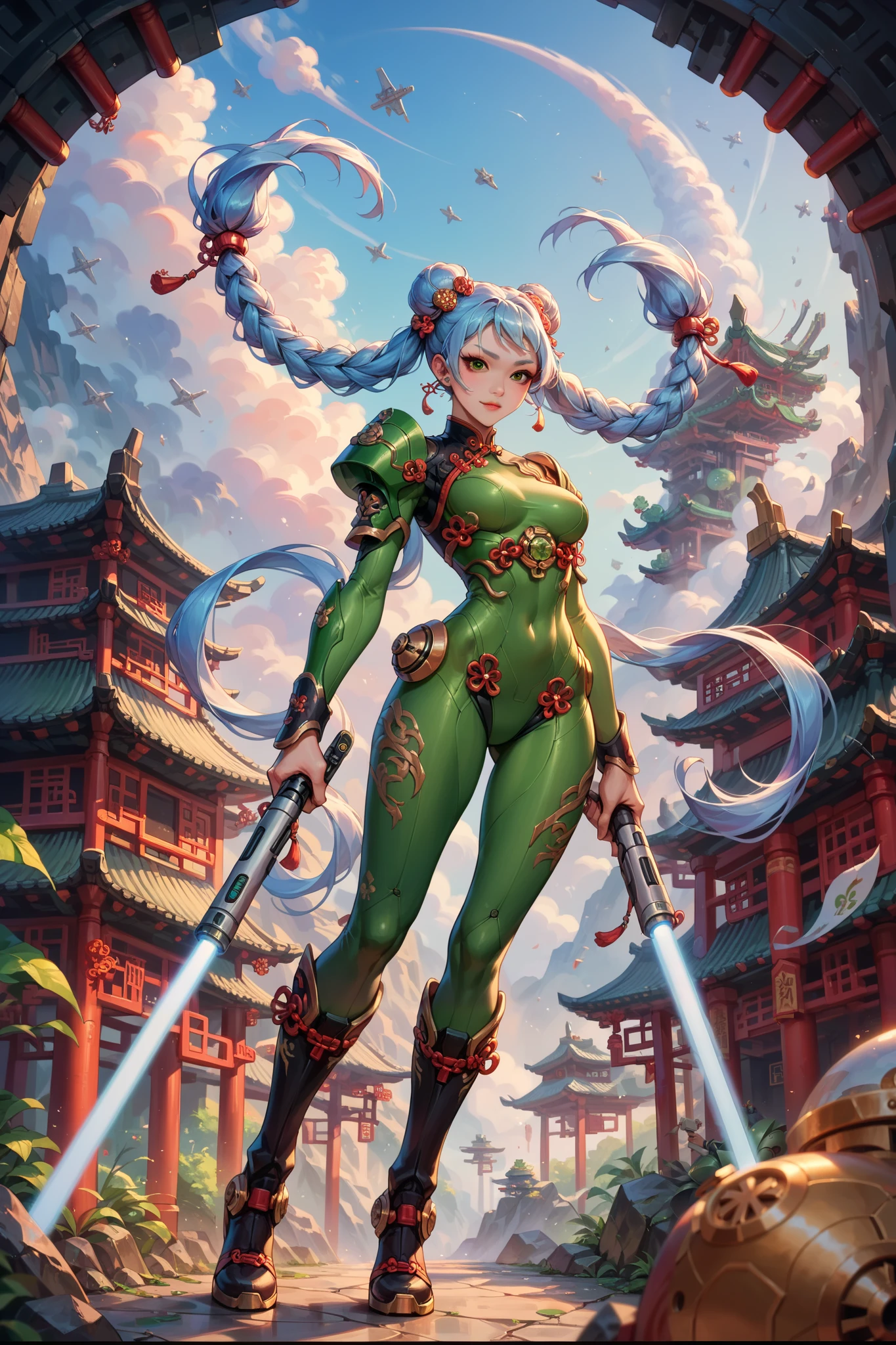 Best quality, beautiful (Asian:2) woman, light blue hair,pigtails, Chinese hair buns and ornaments, Green eyes,Colossal ,White Cybersuit,Bodysuits, battle boots, holding lightsaber, spaceship at the background in the space