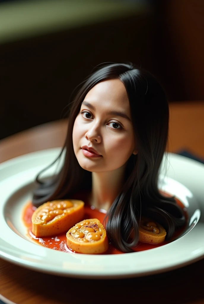 decapitated female head on a plate, beautiful face, covered in flesh, ((eyes closed)), served like a food dish, bloody, photorealistic, 4K, Nikon, horror