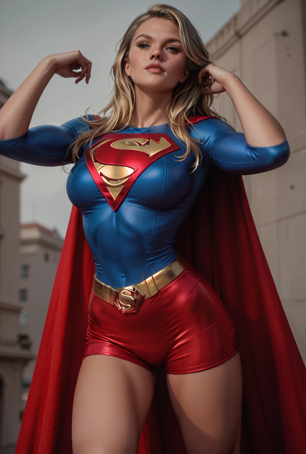 high cinematic quality, fotografia profiSSional, cena de fantaSia, Supergirl parando um míSSil, Supergirl uSa terno preto e dourado, terno Sexy,with a floating layer and a "S" On the chest. Totalmente Sexy em poSe dinâmica SenSual, FantaSia Sexy Supergirl . Ela coloca aS mãoS no cabelo loiro de uma forma SenSual 