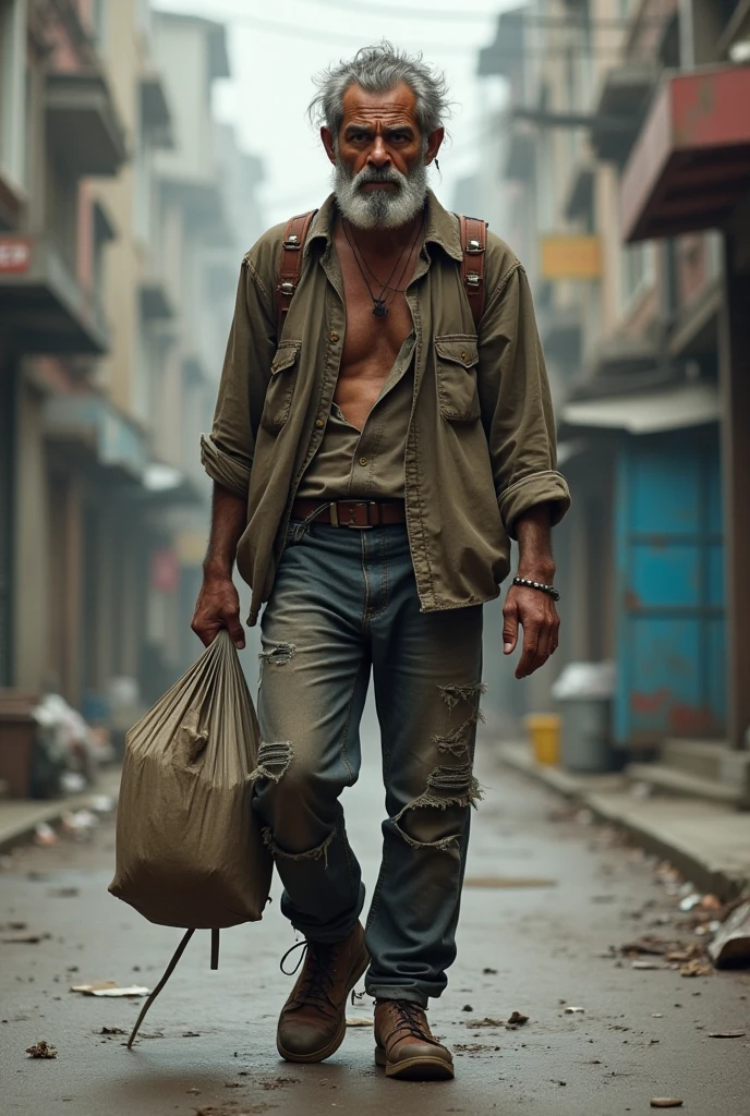 vagabond Filipino 35 years old, dirty cloths, barefoot, whole body, realistic, slight hd, normal lighting
