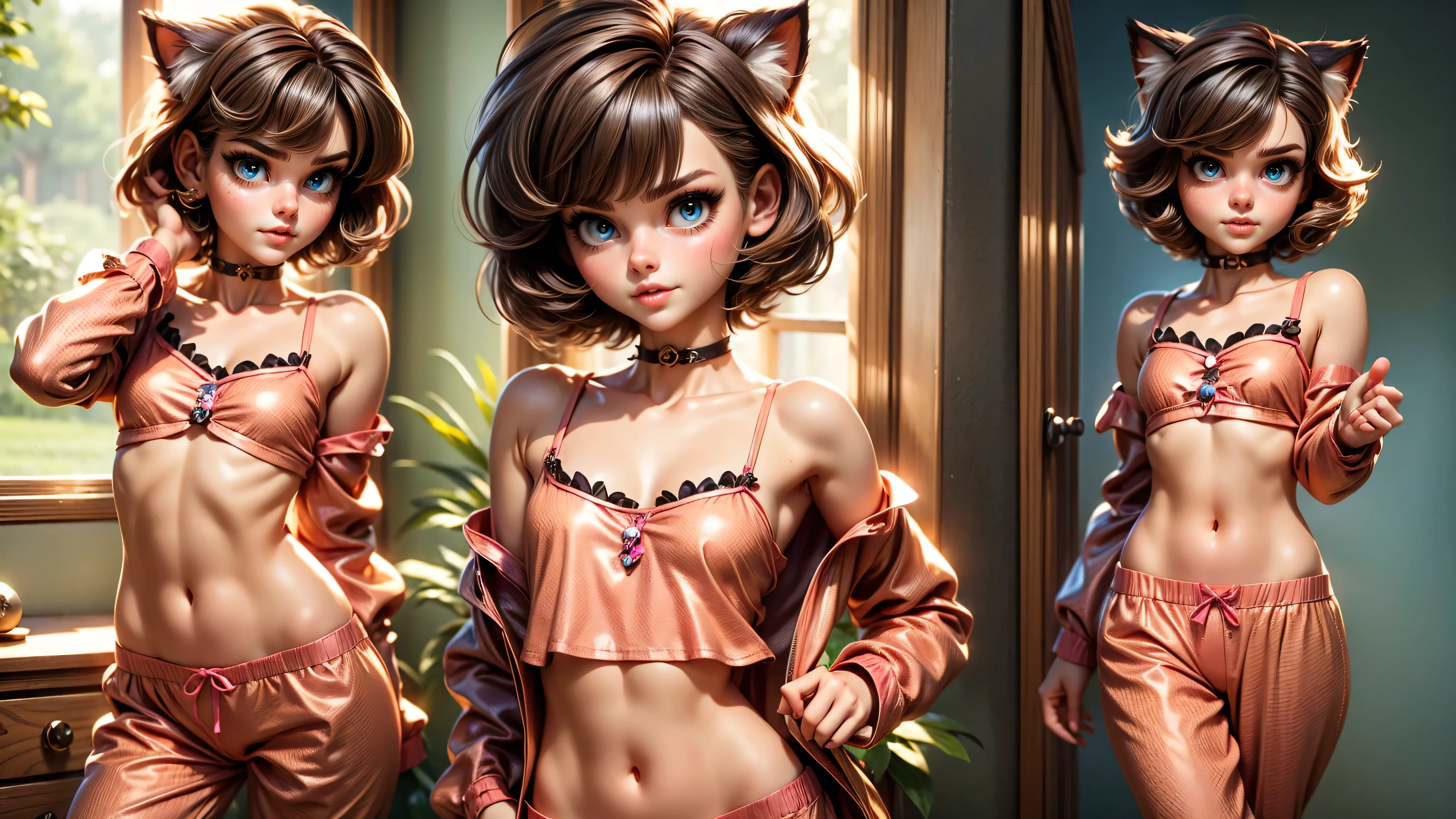 ((1girl, solo)), ((single young girl)), cute girl, (neko), kitten girl, cat ears, ((standing in her pajamas getting ready for bed)), ((skinny, petite)), ((short hair)), ((black hair)), ((streaks in her hair)), ((small top)), midriff, ((pajamas)), underboob, looking at viewer, choker, sexy, skirt low on hips, cowboy shot, (full body portrait), beautiful lips, sexy mouth, ribbon, hair ribbon, bangs, upper body, blue eyed, bangs, ribbon, bedroom background,