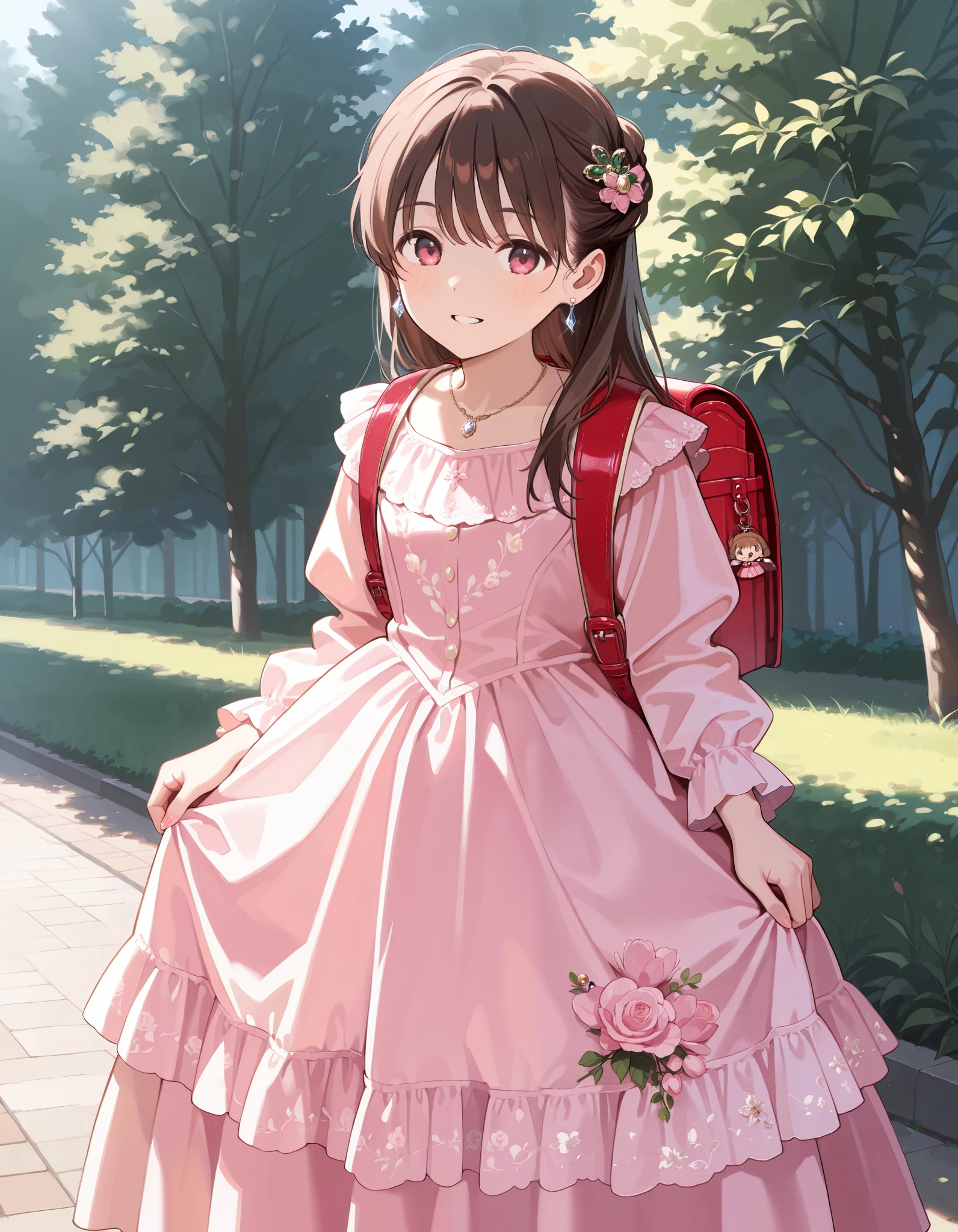 Masterpiece, hd, best quality, solo, there is a girl standing in a dress, wearing pink floral dress, victorian dress, luxury dress, beautiful pink , brown hair, wearing a pink dress, dressed in a pink dress, girl, Traditional Attire, bowtie, necklace, diamond earrings, in a fancy dress, frilly outfit, wearing beautiful clothes, wearing floral gown, cute young girl, dressed in a beautiful, wearing randoseru backpack, red backpack, backpack ornaments, keychain, standing, outdoor