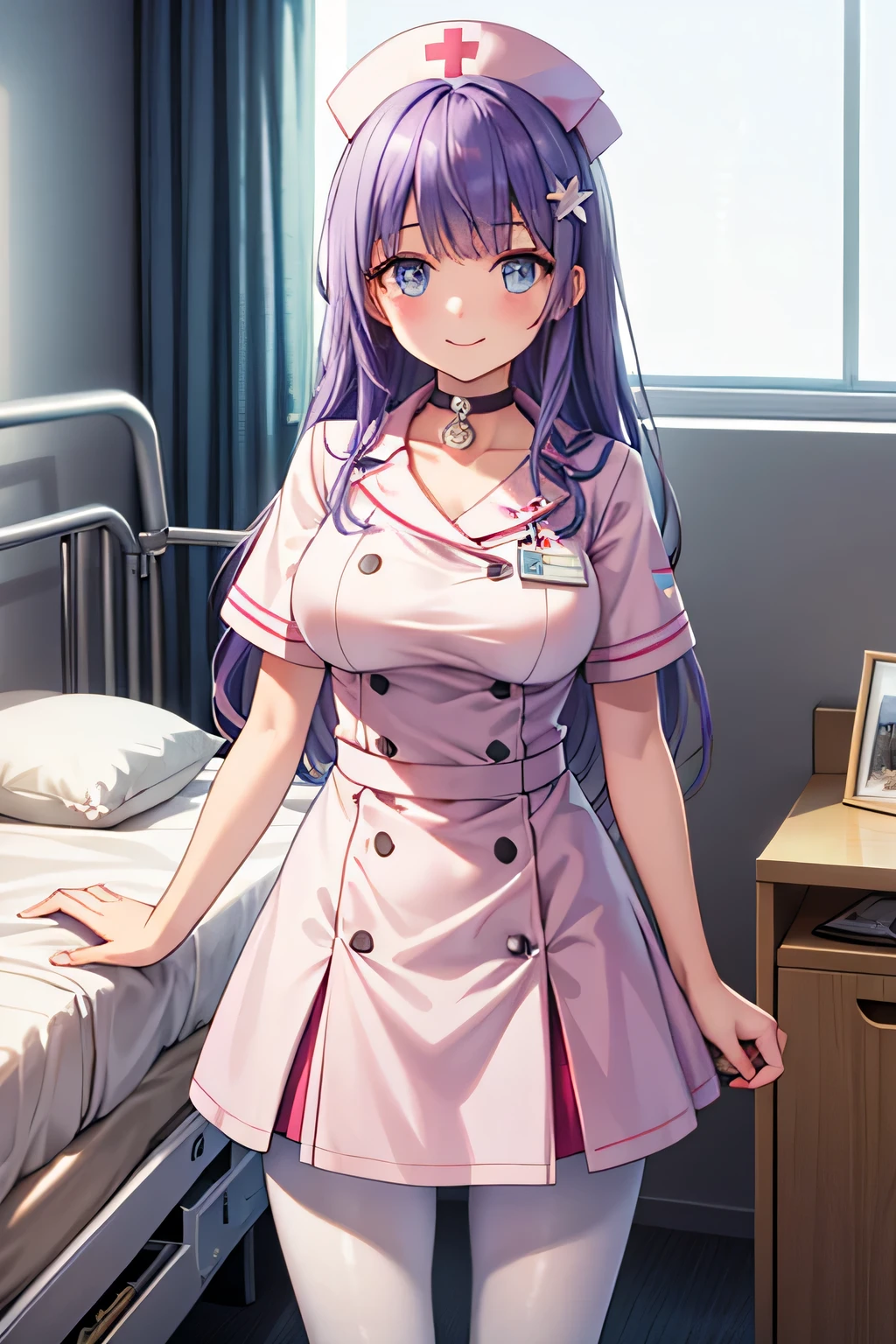 Depict a 20-year-old, very beautiful woman in a hospital room. She is wearing a nurse cap and a mini-skirt style white uniform. Her expression is shy, and she is smiling gently. The setting includes medical equipment and furnishings typical of a hospital room, with soft lighting to create a warm and welcoming atmosphere. long hair, blue eyes, hair ornament, purple hair, pantyhose, choker, smile.