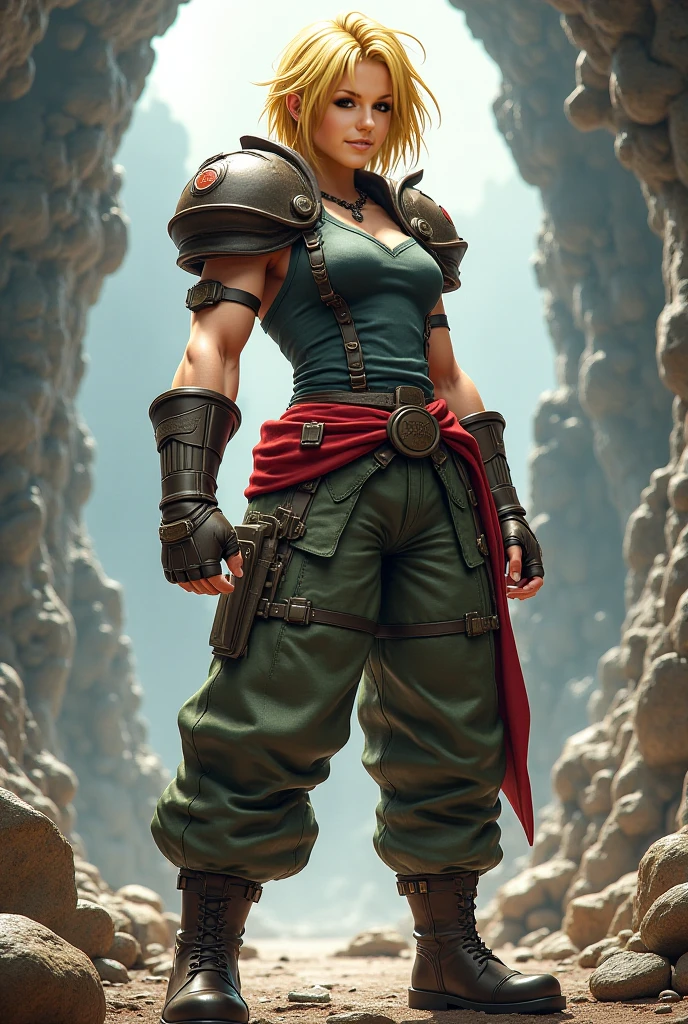 akira, short brown hair, brown eyes, camo tank top, belt, leather pants, red gloves, boots, looking at viewer, smiling, full body shot, standing, outside, street, sidewalk, dusk, sunset, high quality, masterpiece <lora:akira-11SFV3dv8:.8>