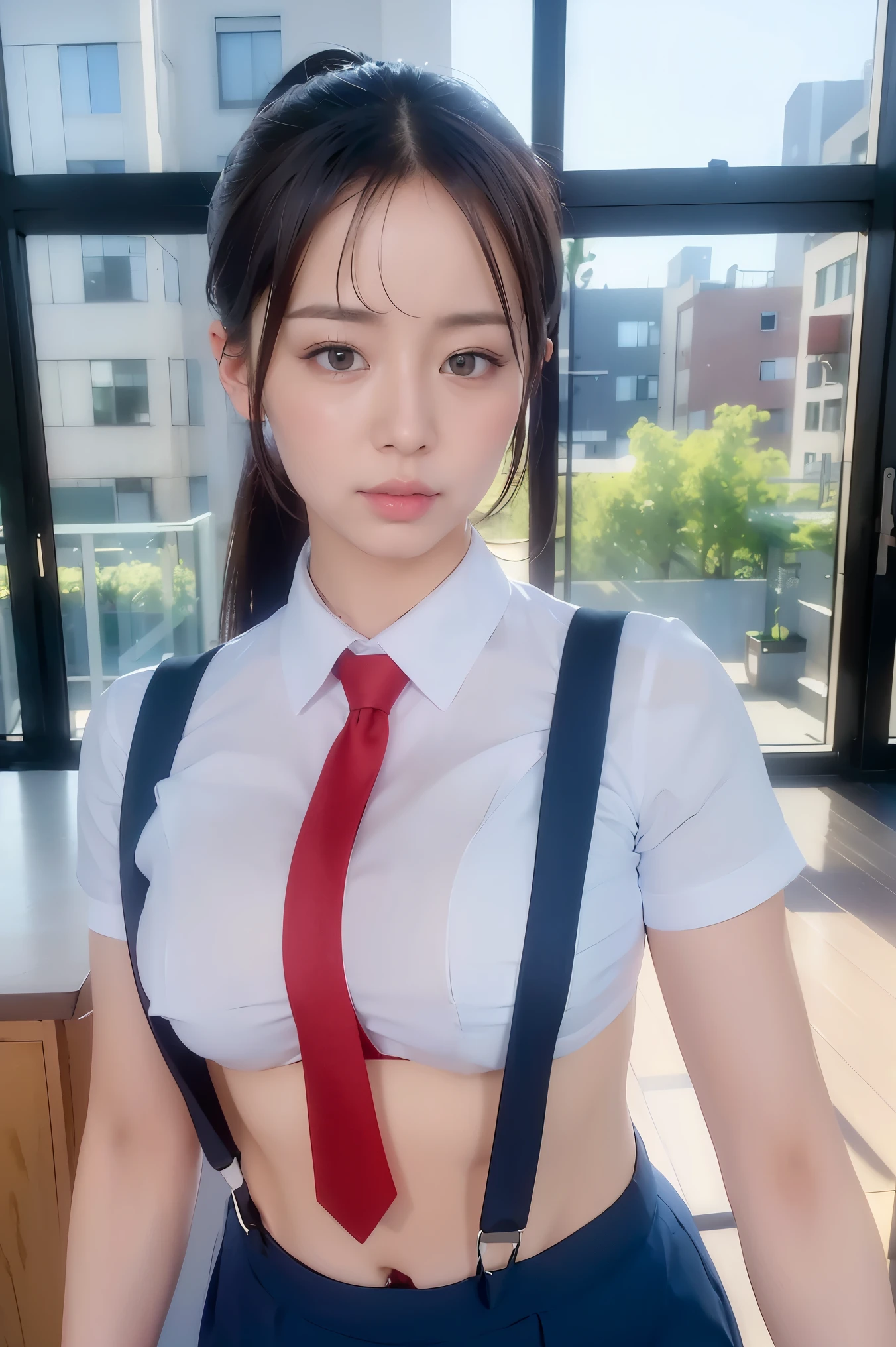 ((best quality)), ((masterpiece)), (detailed), perfect face, ((Best quality, 8k, Masterpiece: 1.3)), Shirt, tie, suspenders, long ponytail, 1 lady, solo, alone, at office