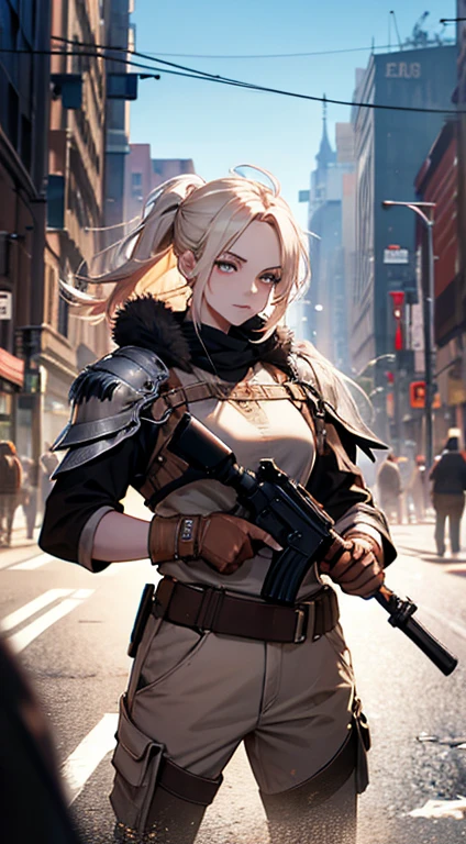 A photo of a woman with a gun and a gun in her hand, Kushatt Krenz Key Art Women, Mechanized Valkyrie girl, From the war double Pamish, Fine details.Battle double Pamish, official character art, krenz cushart and artgerm, character poster, Battle Double Pamish Universe,poised to strike,Dapper
