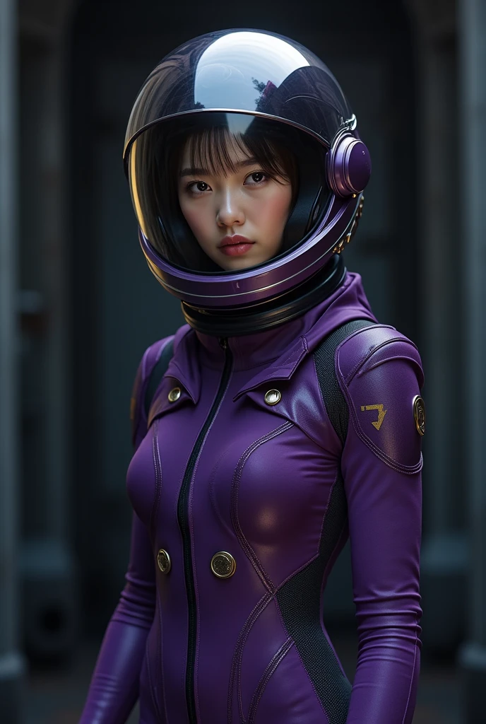 A young woman in a futuristic purple astronaut suit, featuring sleek and shiny details. The suit is designed with a high-tech, metallic finish, emphasizing both style and functionality. The helmet of the suit is transparent, allowing her face to be visible, showing an expression of curiosity and wonder. She is posed in a space-like environment, perhaps with stars or a distant planet in the background, highlighting her exploration theme. The color purple of the suit contrasts beautifully with the vastness of space.