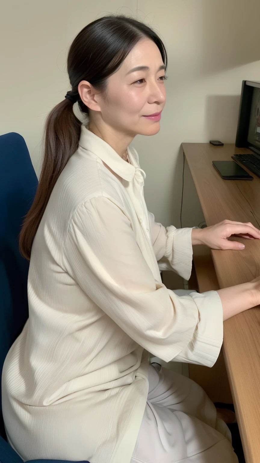 nsfw, (( top quality)), ((8k)), (( Masterpiece:1.3)), ( perfect appearance), ( photorealism:1.2), ((Women working in the office )),  Japanese woman, (47 years old),  Married Woman, (( realistic skin texture 1.6)), ( Fine lines all over the skin :0.6), ( has dull skin :1.2),  skin that has lost moisture , ( facial wrinkles:1.2), (Wrinkles around the eyes:1.2),  double eyelids,  realistic skin texture , (Crying Kuroko:0.9),  long hair, (先端をワンカールした long hair), (Hair tied in a ponytail),  thin blouse with wide neckline ,  flared pants with tight hips,  Serious Expression ,  high heels, ((whole body)), ( Sitting Position ), Work desk,chair, ( low angle:1.5),  focus from the waist up,