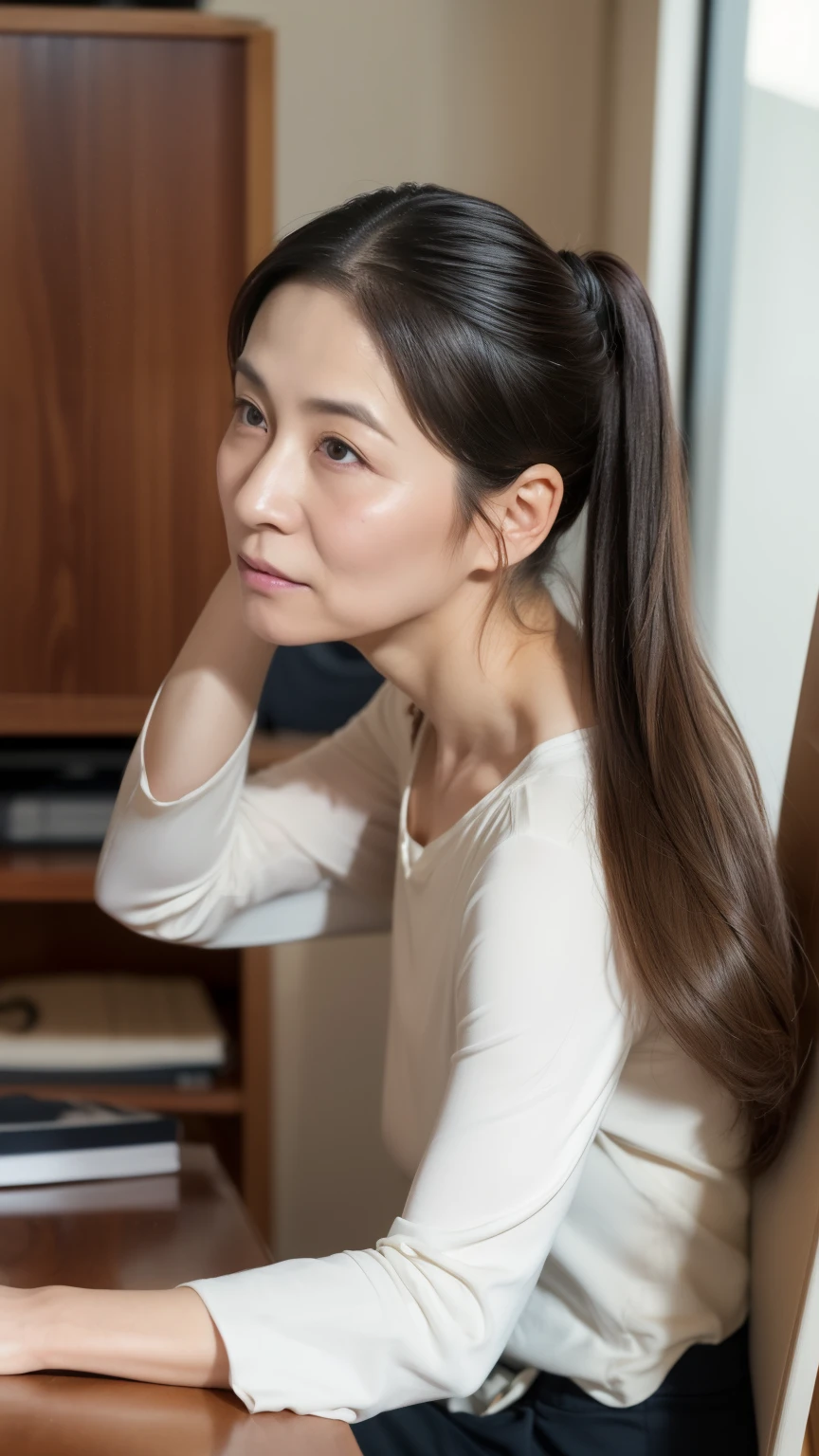 nsfw, (( top quality)), ((8k)), (( Masterpiece:1.3)), ( perfect appearance), ( photorealism:1.2), ((Women working in the office )), Japanese woman, (47 years old), Married Woman, (( realistic skin texture 1.6)), ( Fine lines all over the skin :0.6), ( has dull skin :1.2), skin that has lost moisture , ( facial wrinkles:1.2), (Wrinkles around the eyes:1.2), double eyelids, realistic skin texture , (Crying Kuroko:0.9), long hair, (先端をワンカールした long hair), (Hair tied in a ponytail), thin blouse with wide neckline , flared pants with tight hips, Serious Expression , high heels, ((whole body)), ( Sitting Position ), Work desk,chair, ( low angle:1.5), focus from the waist up,