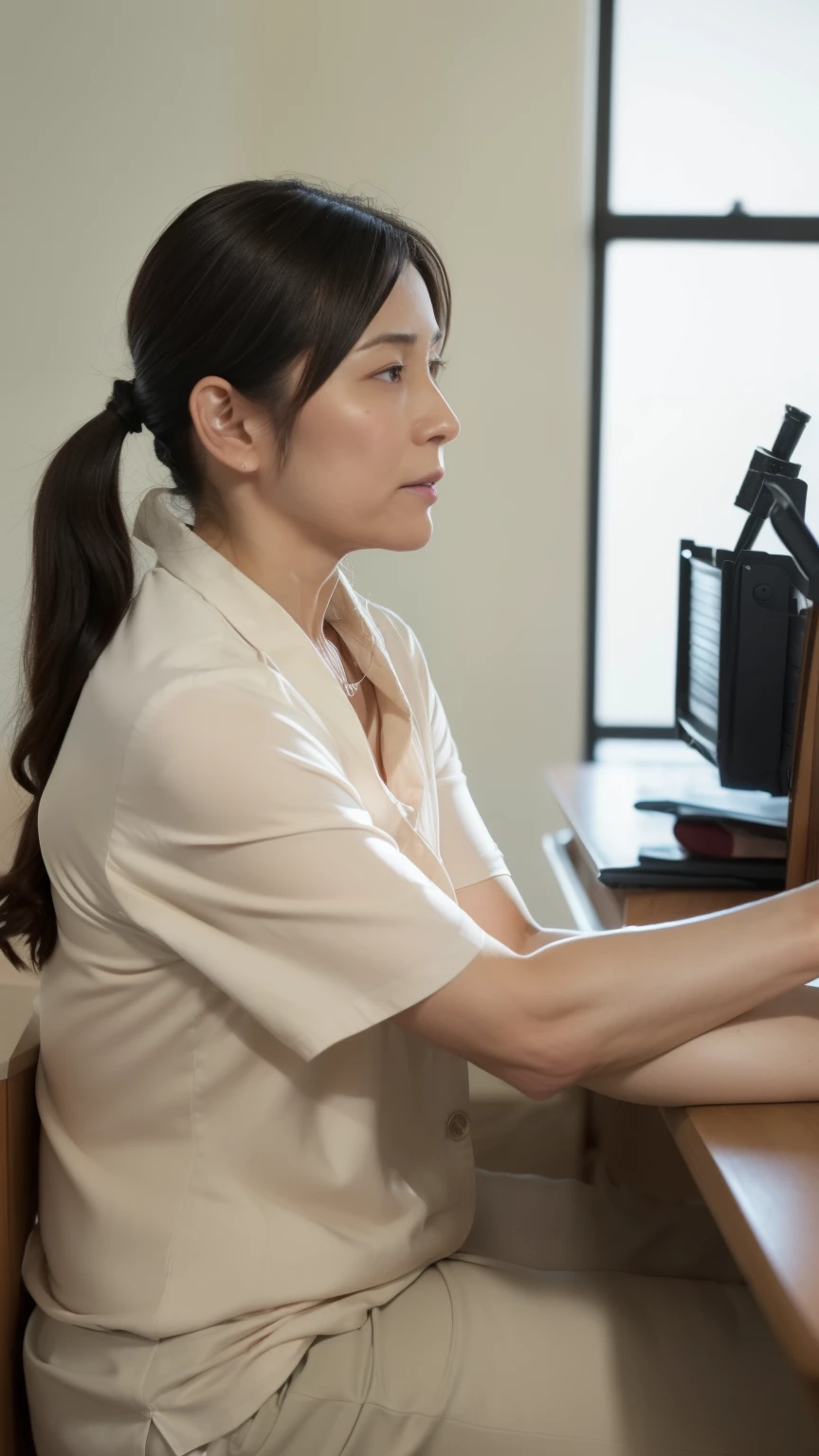 nsfw, (( top quality)), ((8k)), (( Masterpiece:1.3)), ( perfect appearance), ( photorealism:1.2), ((Women working in the office )),  Japanese woman, (47 years old),  Married Woman, (( realistic skin texture 1.6)), ( Fine lines all over the skin :0.6), ( has dull skin :1.2),  skin that has lost moisture , ( facial wrinkles:1.2), (Wrinkles around the eyes:1.2),  double eyelids,  realistic skin texture , (Crying Kuroko:0.9),  long hair, (先端をワンカールした long hair), (Hair tied in a ponytail),  thin blouse with wide neckline ,  flared pants with tight hips,  Serious Expression ,  high heels, ((whole body)), ( Sitting Position ), Work desk,chair, ( low angle:1.5),  focus from the waist up,