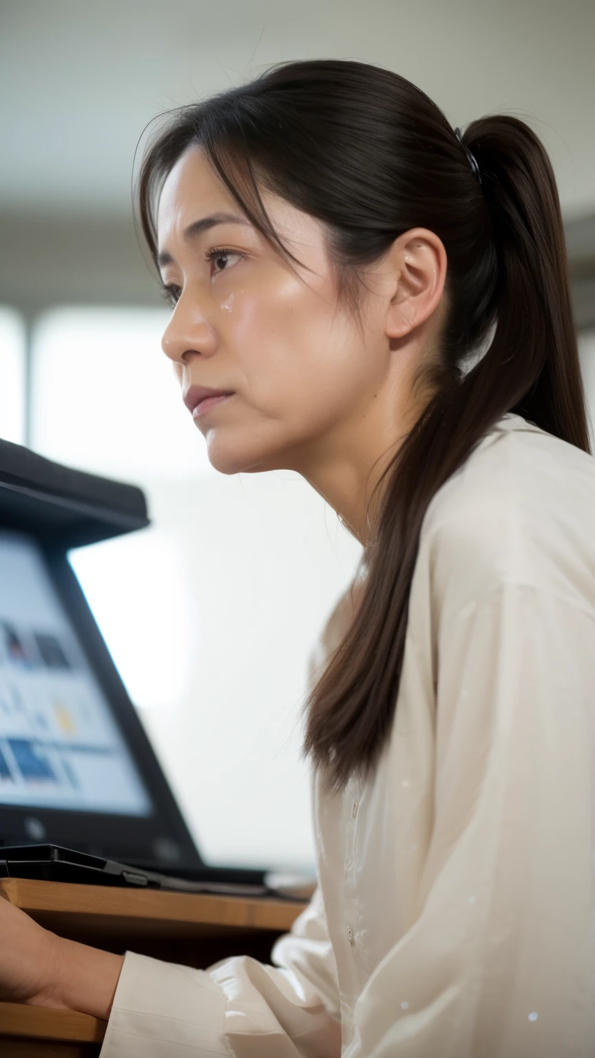nsfw, (( top quality)), ((8k)), (( Masterpiece:1.3)), ( perfect appearance), ( photorealism:1.2), ((Women working in the office )),  Japanese woman, (47 years old),  Married Woman, (( realistic skin texture 1.6)), ( Fine lines all over the skin :0.6), ( has dull skin :1.2),  skin that has lost moisture , ( facial wrinkles:1.2), (Wrinkles around the eyes:1.2),  double eyelids,  realistic skin texture , (Crying Kuroko:0.9),  long hair, (先端をワンカールした long hair), (Hair tied in a ponytail),  thin blouse with wide neckline ,  flared pants with tight hips,  Serious Expression , My eyes go to the laptop on the desk,  high heels, ((whole body)), ( Sitting Position ), Work desk,chair, ( low angle:1.5),  focus from the waist up,