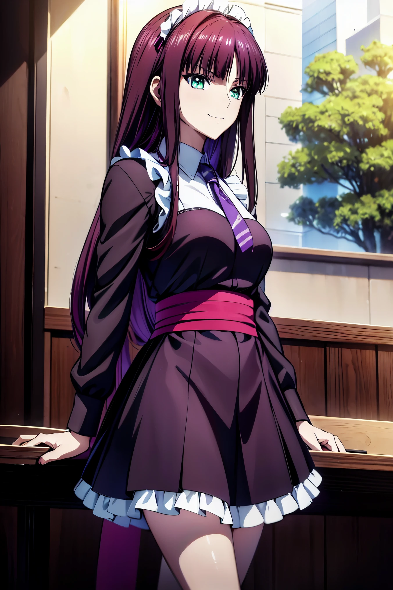 赤 purple hair,超 high resolution, ( Masterpiece, 最 high quality :1.2), alone, one girl, dull , smile, watches viewers, transport tray , knot, Maid headdress, Maid, black dress , apron, high resolution, very detailedなイラスト, very detailedな顔, RAW Photo , film grain , standing , UHD and 8K Connection , 長い赤紫髪と Green Eyesをした Anime Girl , Anime Moe Art Style , 若い Anime Girl の接写, smooth anime cg art , Beautiful Anime High School Girl , Anime Moe Art Style , Dreaming High School Girl, Seductive Anime Girl , Anime Girl , 魅力的な Anime Girl , Dreaming High School Girl, Anime Girl , 8K ultra HD , high resolution, very detailedなCG, high quality shadows, beautiful and delicate face , ディテール美しい Delicate Eyes,break( high resolution 8k 壁紙 ),( very detailedCG 8k壁紙 ),Makima ( chainsaw man ),Shadowy ( destiny / Grand Order Required ),reika shimohira , high resolution, Very Delicate and Beautiful CG Illustration,最 high quality , realistic texture ,Realistic Fabric, realistic texture , (((最 high quality ))),8k,At 32k, Masterpiece, Beautiful and Attractive Anime Women , HD , very detailed, high resolution,Dreaming High School Girl, Masterpiece, 最 high quality , high quality , Freshness , high quality texture, high quality shadow, Attention to Details ,Fine details, in the seat, High School Student Seen from the Side , alone,I,Just one, alone,Just oneの人,Please be careful , adult , Beautiful Long Legs , thin waist ,Mature body girl,reddish purple hair,reddish purple hair, purple hair, BLACK CURRANT HAIR , Silky Smooth Hair , colorful hair, straight hair,shy smile,幸せそうなsmile, with a vibrant expression ,cute smile,Cool Beauty, beautiful woman, handsome face , Beautiful realism,lure , charming face, calm look , beautiful hair,smile, colorful eyes, Green Eyes,Jade Eyes, beautiful eyes,bright eyes, Delicate Eyes, Jewel Eyes ,Jade Eyes, Protruding Eyes ,( Green Eyes:1.5), charming face,8 heads,:171cm,彼女は首に necklace身に着けています, necklace,beaded necklace,Magatama Accessories,smile, colorful eyes, Green Eyes,Jade Eyes, beautiful eyes,bright eyes, Delicate Eyes, Jewel Eyes ,Jade Eyes,( Green Eyes:1.5), charming face,Model Photo,, standing picture , Attention to Details , Maidの衣装を着た女性、 perfect beauty、 きちんとして落ち着いたMaid服、クラシックMaid衣装、 Long Sleeve、 long skirt ,Waiter uniform, indoor, indoor,礼儀正しく standing , white, cowboy shooting,Maidの服, Long Sleeve,frills, long dress , Black Costume , western style building , Green Eyes, eyes like jewels,Cassis berry colored hair,Maid服,Waiter uniform
