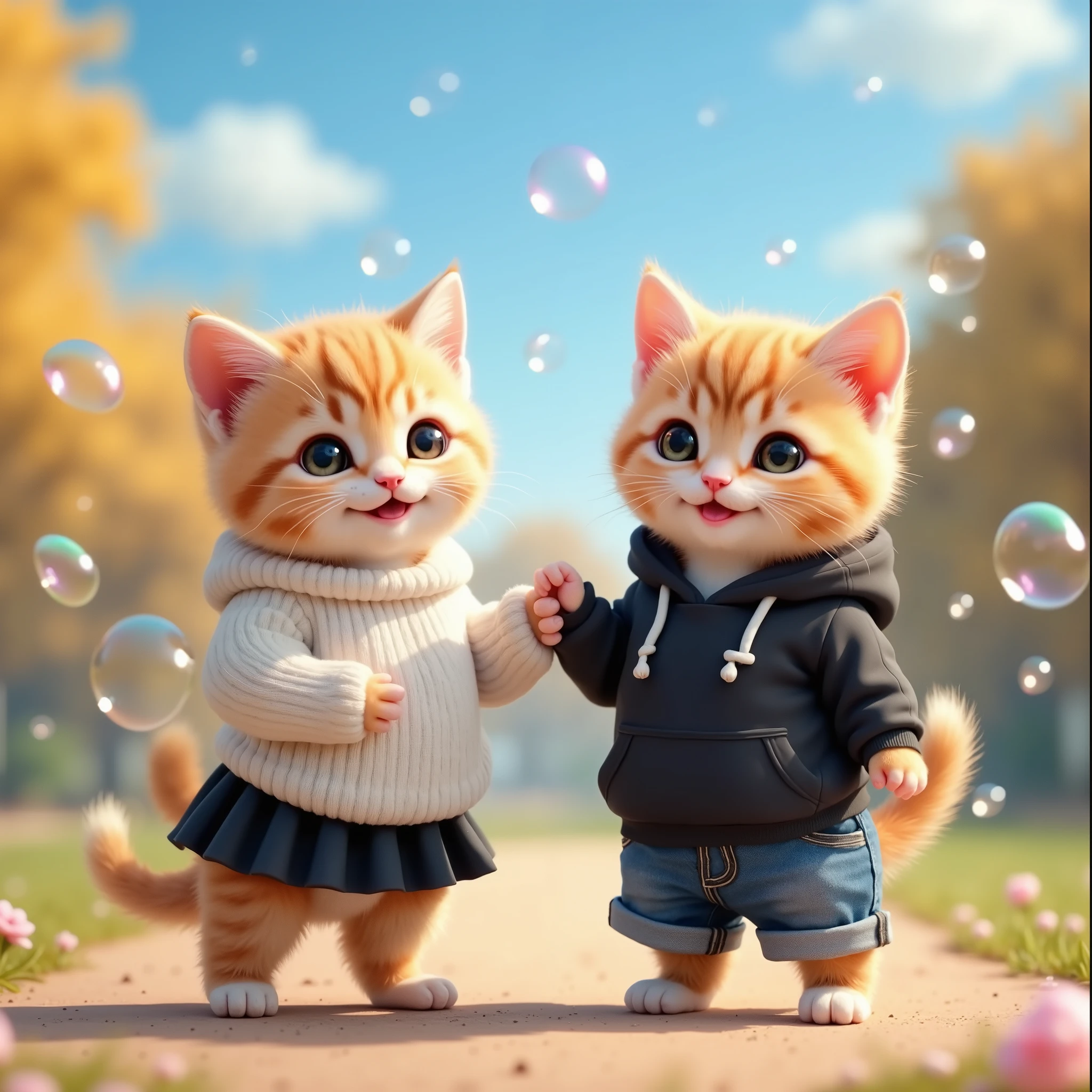 a cat drawn in size 25, 2 adorable babys , A realistic cat is standing on 2 legs ,smile, The eyes look like beautiful marbles,Detailed and realistic coat ,Don't blur the background, The top is a white sweater and the bottom is a kitten wearing a black miniskirt,The top is a black hoodie and the bottom is a kitten wearing jeans , blue sky,The background is a park,Playing with bubbles, There are lots of soap bubbles floating in the sky , blowing soap bubbles