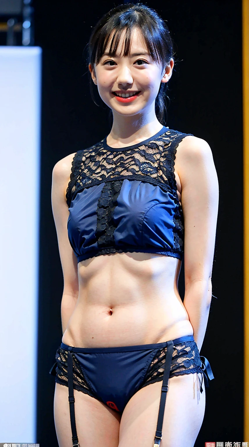 (Highly detailed body,Highly detailed face,the best quality:1.2) ,a woman with,Look at viewers,(Design bandeau top ,Design pleated skirt short skirt),(Big 1.2),(Catwalk in the background:1.2)