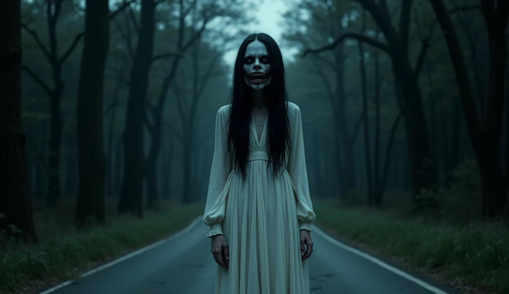 low angle camera, wide shot. she is flying in the air at the old road, a scary, eerie, bloody zombie dark face of a Malay woman, very extreme long hair ((20 feet long)) covered face, looking at the camera, creepy face. pale skin, long white slubby dress, torn, dirty. windy waving cloth and hair Background of gloomy dark night in the lonely old streets in the middle of a jungle. low light. dramatic sky. cinematic shots. horror film still. masterpiece, hyper realistic.