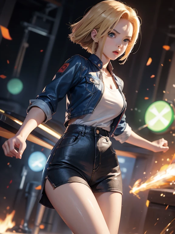 anime girl rubia cabello corto liso, ojos azules hermoso, camisa blanca con chaqueta  jeans,falda jean corto ,con medias larga negro,botas chocolate,andoide 18,un girl dragonball z,anime art epic,detallado, hd,wallpaper, epic estilo fotografia, DBZ,fan art dragonball,art digital, obra maestra 