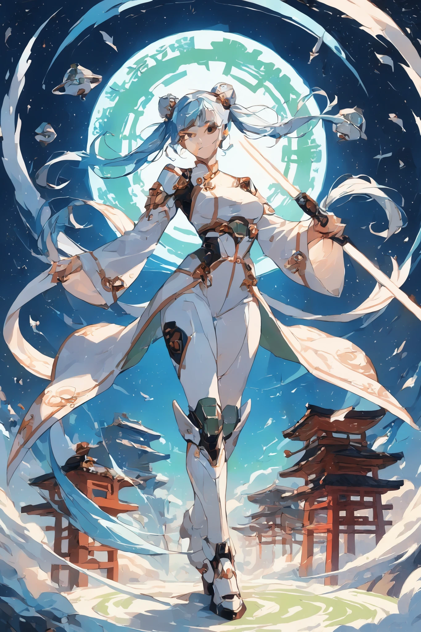 Best quality, beautiful (Asian:2) woman, light blue hair,pigtails, Chinese hair buns and ornaments, Green eyes,Colossal ,White Cybersuit,Bodysuits, battle boots, holding lightsaber, spaceship at the background in the space