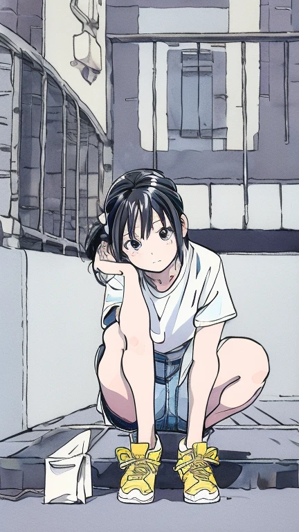 highest quality, Ultra-high resolution, (Realistic: )2D official style cel animation,((Sitting Girl))Grey Check Mini Skirt,summer shirt,(Lace panties),loose socks,sneakers,Full body portrait,(chiyoko sonoda),Station stairs,sunny,Embarrassed face,from the front