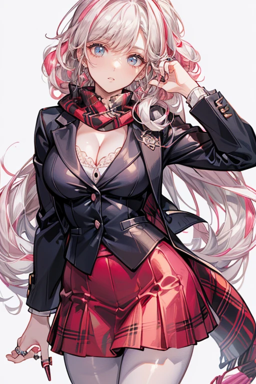 (cowboy shot: 1.5), (white background, simple background: 1.5), (masterpiece:1.5), (big breasts: 1.5), (1 girl: 1.5), young woman, (Beautiful Girl:1.5), (extremely detailed and delicate anime face and eyes:1.5), whole body, (natural light, HDR, extremely details CG:1.3), (dynamic posture: 1.3), {correct body anatomy}, (wide hips: 1.3), (perfect hands: 1.5), single focus, toned body, Beautiful Lips, thick lips, {surreal}, {correct posture}, {minutes details}, {detailed body}, {detailed clothing}, (Bright Eyes: 1.3), (cleavage: 1.3), {accessories}, {sexy}, (school uniform Winter: 1.3), (Short black blazer: 1.5), (white blouse: 1.3), long sleeves jacket, (puffed sleeves: 1.3), (High waist pleated skirt: 1.5), (Plaid skirt: 1.3), high waist skirt, (short skirt: 1.3), (black lace-trimmed legwear: 1.5), black thighhighs, garter belt, (Hakama bow: 1.5), (Silk beret: 1.5), (ribbon: 1.3), (neck ribbon: 1.5), (bowtie: 1.3), black heels shoes, jewelry, earrings, (light smile: 1.3), (extra long hair: 1.5), (two-tone hair: 1.5), (Carmation Pink hair with light Purple streaks: 1.5), (permed hair: 1.5), (long wavy hair: 1.3), very thick hair, (swept bangs: 1.5), (sidelocks: 1.3), glowing hair, (bright rubine red eyes: 1.3),
