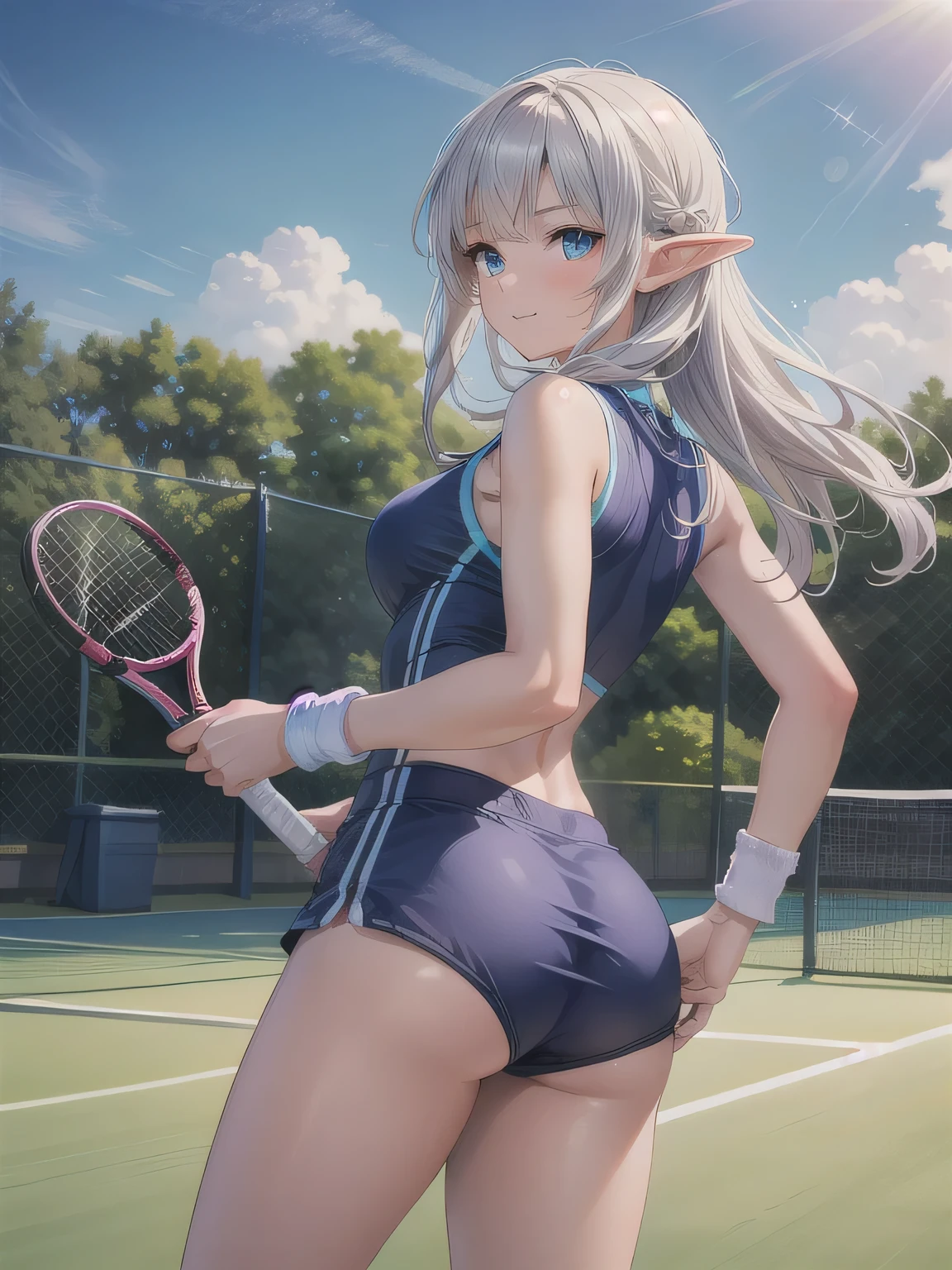Frieren , anime, 1girl, ass, bra, thighs, silver_hair, twintail_hair, frieren, (frieren: Beyond_journey's_end), light_green_eyes, elf, big_breasts, tennis_outfit, ass_focus