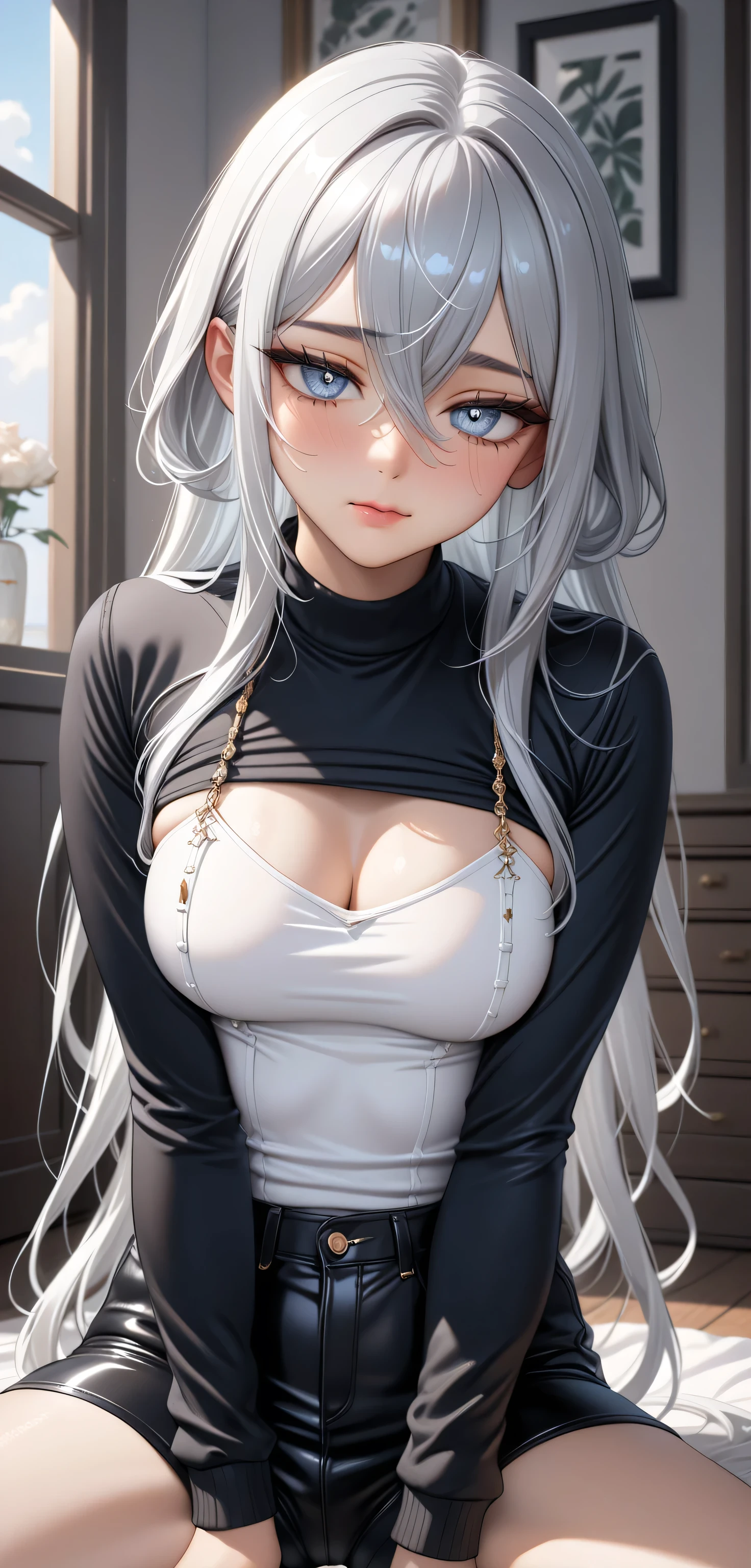 Anime girl with long white hair and blue eyes sitting on a bed - SeaArt AI