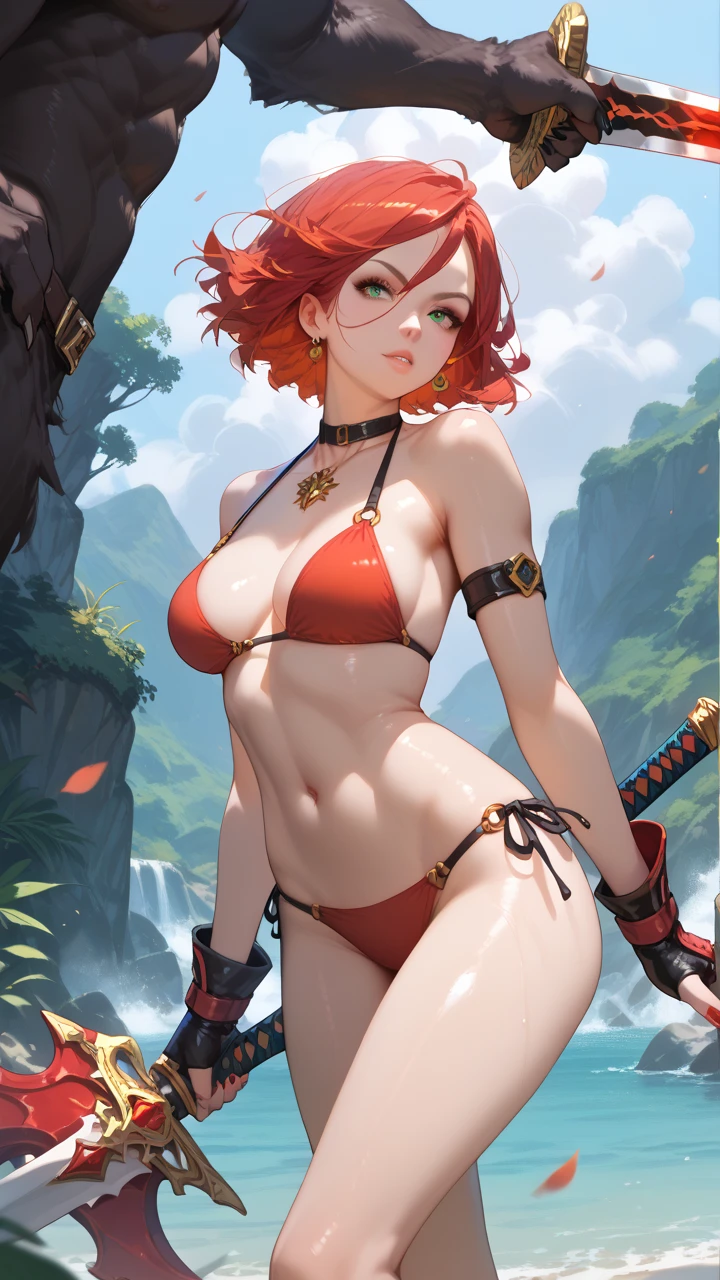 Red hair, NSFW, breast, wide hips, knee high socks, bikini armor, pony tail, thong, collar, wolf ears, cute, blue eyes