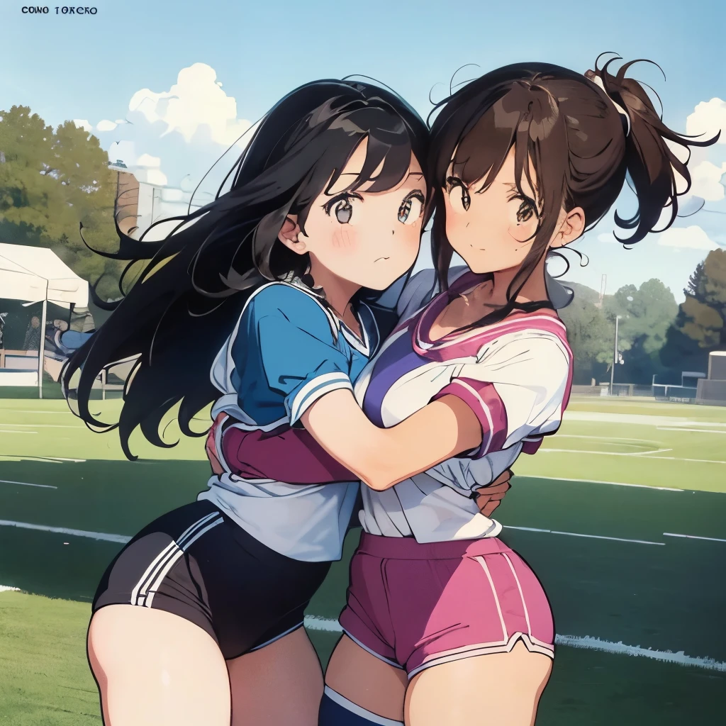 Two Girls、、Sports uniforms、Clothes falling apart、tits、Nipples、Deep Kiss、Embrace、sports warehouse