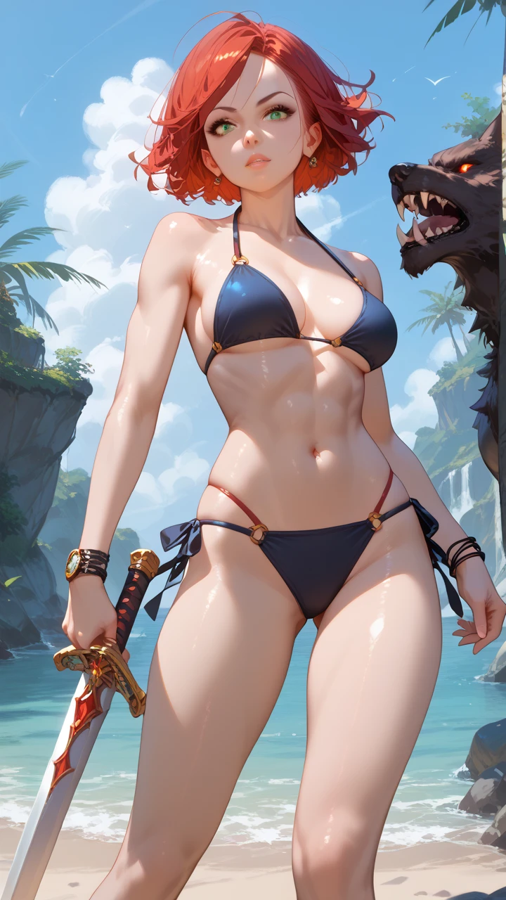 8k, masterpiece, best quality, highly detailed, 1 girl, tiefling, warlock, pixie cut, multicolored hair, very short straight hair red highlight hair on white hair, strippled hair, wearing glasses, round glasses, earrings, sexy, navel piercing, red eyeshadow, long eyelashes, blushed cheek, red lips, pearl necklace, rings, collarbone, mole on face, glamorous, teal and purple bikinis, see-thru white shirt, smirk, holding unbrella, close up view, rings, looking at viewer, demon horns, solo, standing, legs in water, shores on the background.