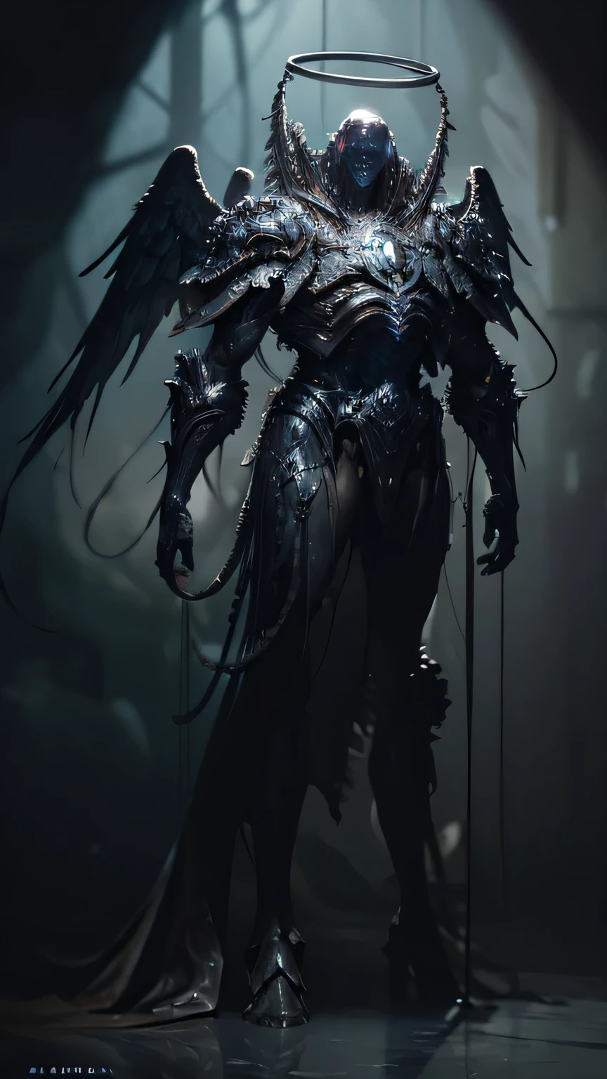 a corrupted male humanoid monster, heavily armored, angel halo ring, extremely detailed anatomy, dark fantasy, cinematic lighting, dramatic pose, chiaroscuro, moody atmosphere, dark colors, dramatic shadows, gritty texture, intricate details, digital painting, photorealistic, sharp focus, hyper detailed, 8k, best quality