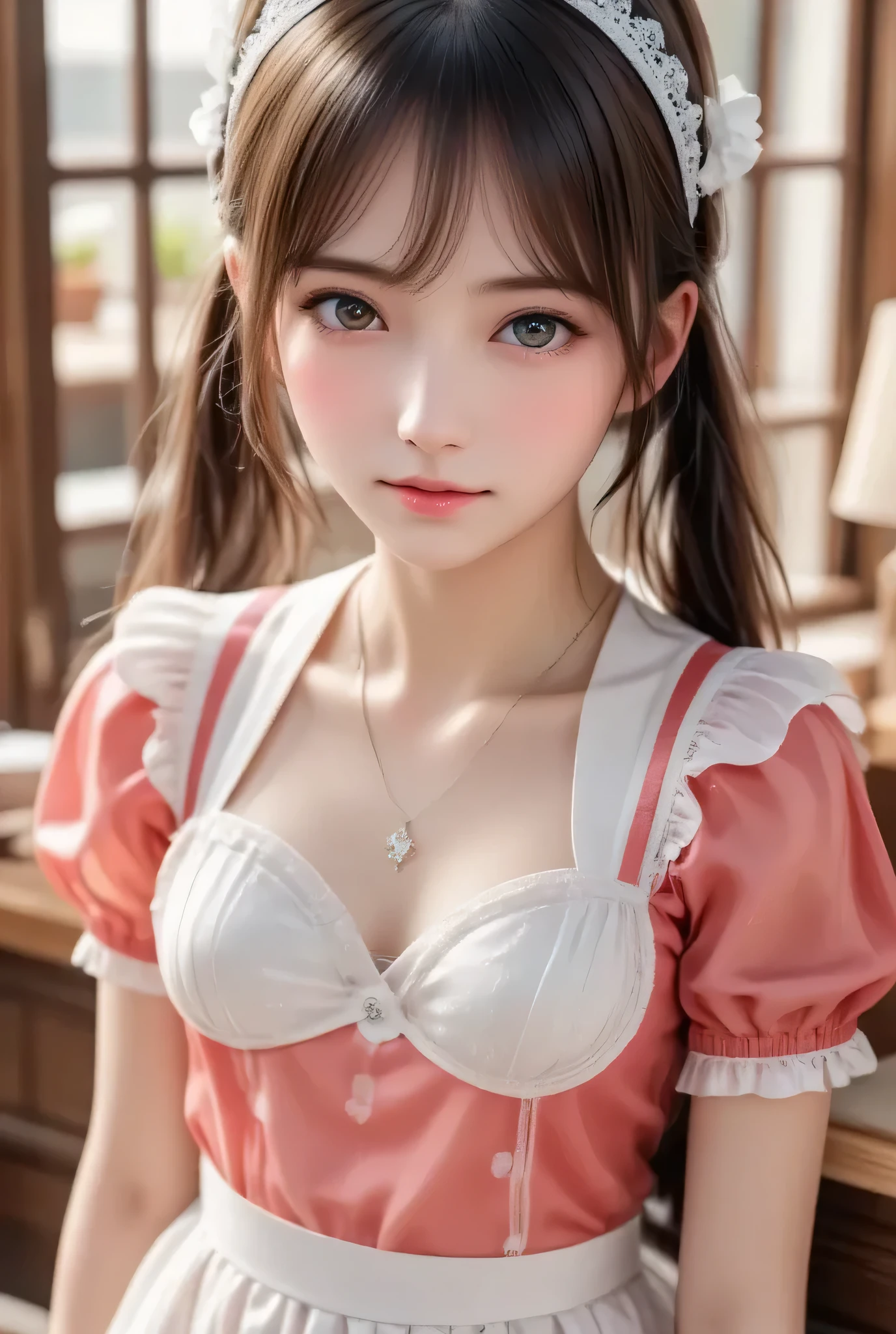 (super cute young face:1.3),
(japanese idol face:1.5),
very beautiful cute girl,
exquisite smooth and silky long brown straight hair,
fair skin,
(happy cheerful smile),
professional photogragh,
(super shiny red pink and white latex maid costume:1.4),
beautiful special designed costume,
beautiful skirt and apron,
full body shot,
cafe reastrant