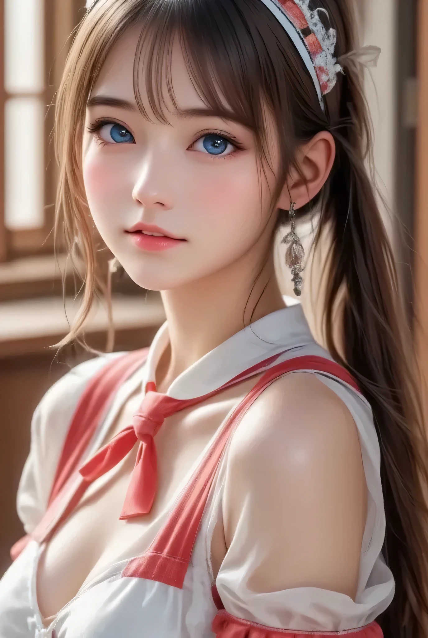 (super cute young face:1.3),
(japanese idol face:1.5),
very beautiful cute girl,
exquisite smooth and silky long brown straight hair,
fair skin,
(happy cheerful smile),
professional photogragh,
(super shiny red pink and white latex maid costume:1.4),
beautiful special designed costume,
beautiful skirt and apron,
full body shot,
cafe reastrant