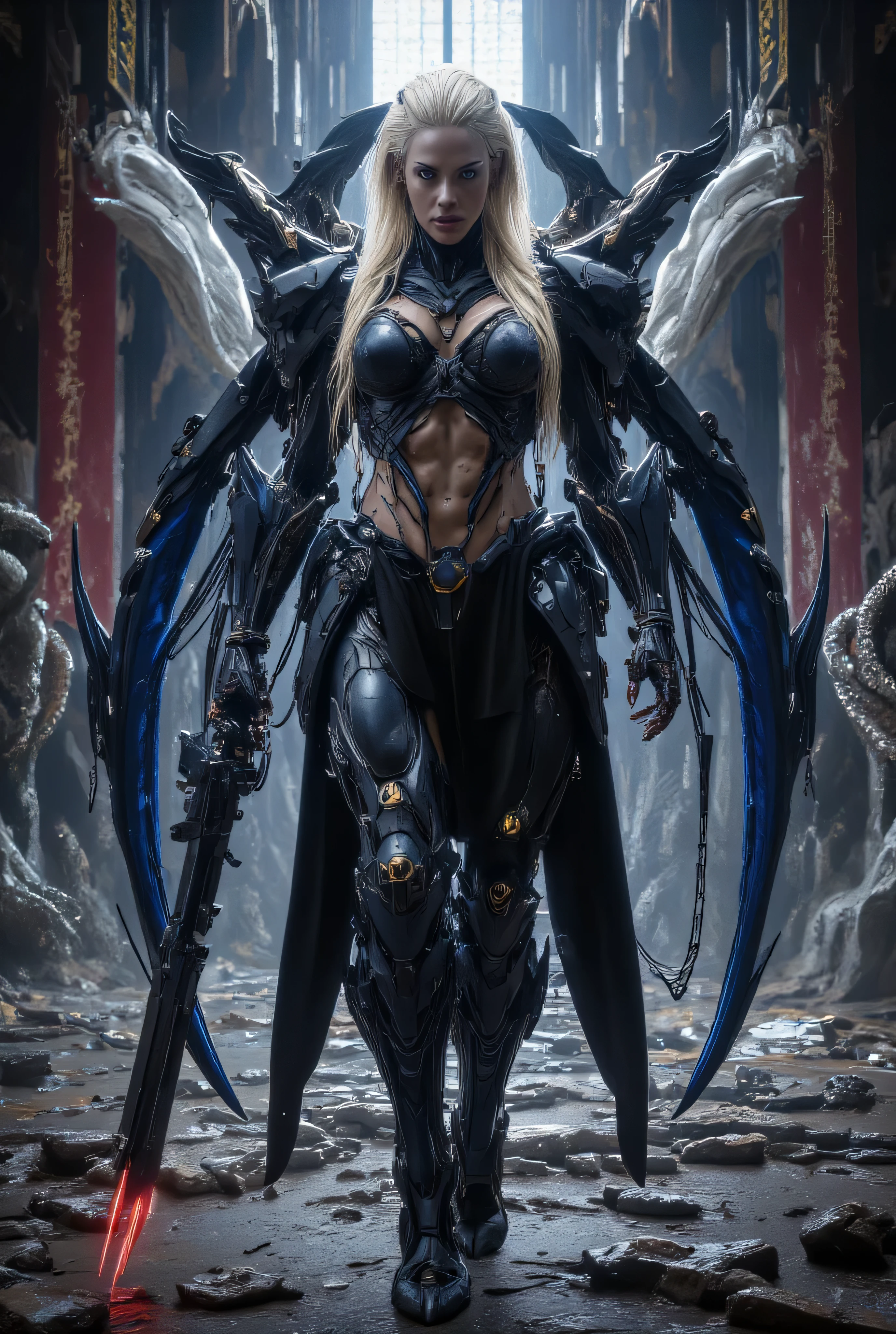 ((best quality)), (Masterpeace, high quality, high resolution, realistic photo, photography, detailed, no tattoos on face), 1 japanese porn star women fighter gangster , age from 30 to 36 years old, Xo Gisele, 8k_wallpaper, extremely detailed eyes, (large masterpiece digital art), (intricate details:1.3 ), (ultra-detailed:1.3), (sharp focus:1.3), (natural lighting:1.05), (vivid colors:1.3), (best quality:1.4), HDR, studio lightings, expressive eyes, full body shot, detailed face, beautiful face, perfect face, a wary, focused look and a lower lip slightly bitten by the upper teeth from tension, ((voluminous thick sandy blonde hair)), (korean light blue pink predatory makeup), {{wet light bronze skin}}, ({wet light bronze skinned female}), (big breasts), huge chest, (pelvis widens:2.4), big wide ass, wet skin, powerful relief muscles of the abdomen and legs, powerful strong muscles of the arms, a slave's wide steel collar with a large chain, all sweaty and wet, dirty from dust and sand, she is dressed in heavy nano symbionic blue-black armor without a helmet in the style of a terrible black and gold dragon and blue octopus, ten thin tails of dark blue color with a slight glow end in sharp glowing tips, a hiking backpack, holds a rifle in her hands and slowly moves into the depths of the ruins of an underground ancient hall with statues of ancient porn goddesses made of white and red marble, weak moonlight, post-apocalypse, ultra-realism, hyperrealism, cinematic, dark fantasy, chinese style,
