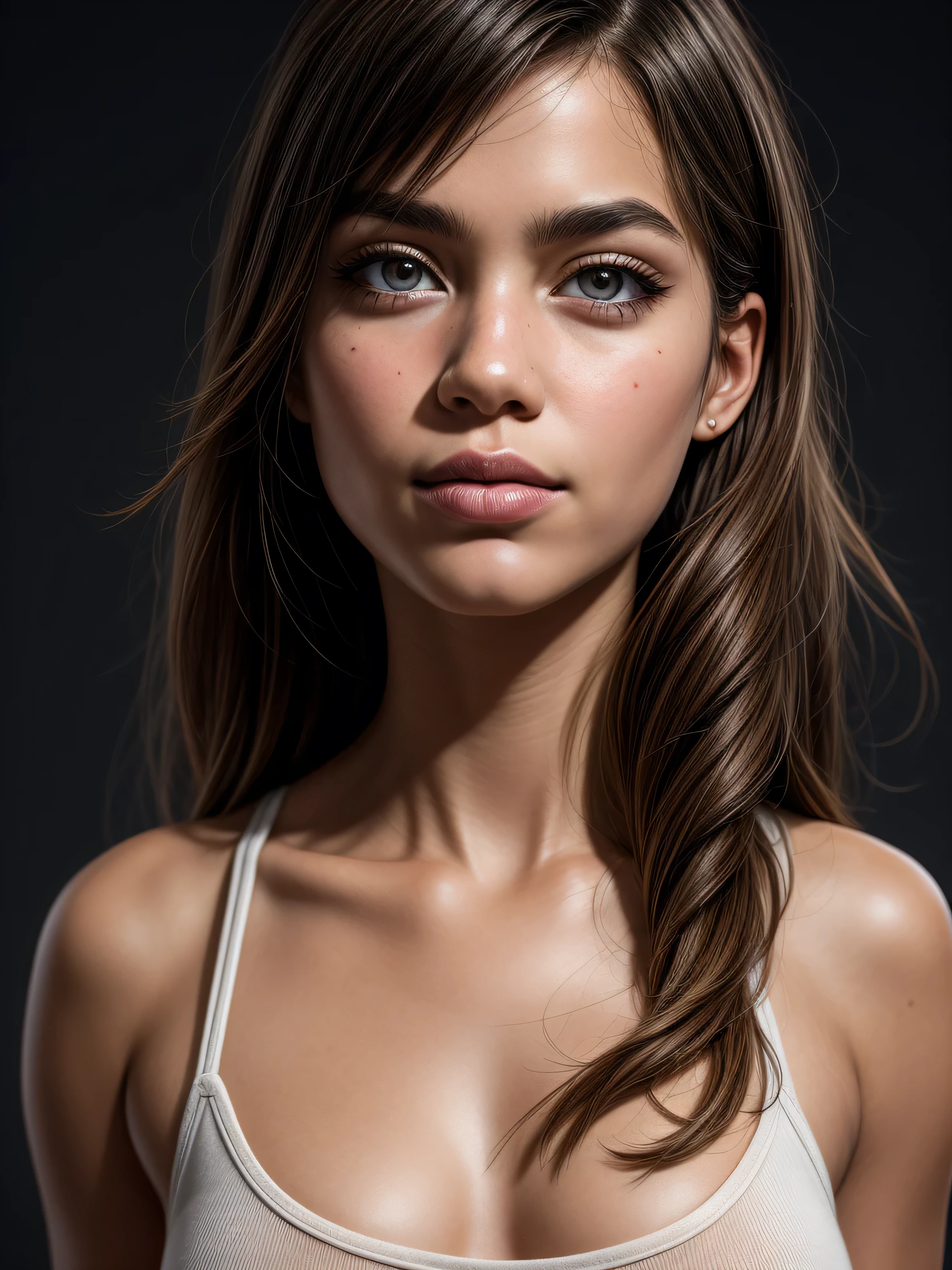 Ultra-realistic half body studio portrait of Asian-American supermodel woman, strong elegant makeup, captured with precise attention to facial expressions and unique features. The lighting is soft, creating natural shadows that highlight the texture of the skin, emphasis on texture and contrast, (Healthy human skin is smooth, hydrated, radiant, and resilient, visible skin pores), (hair details, detailed intricate hair strands), and eye reflections. The background is a solid studio background, ensuring the focus remains on the subject’s personality. Subtle depth of field. The subject is naked. slim fit body, perfect small natural tear drop breasts. Masterpiece.